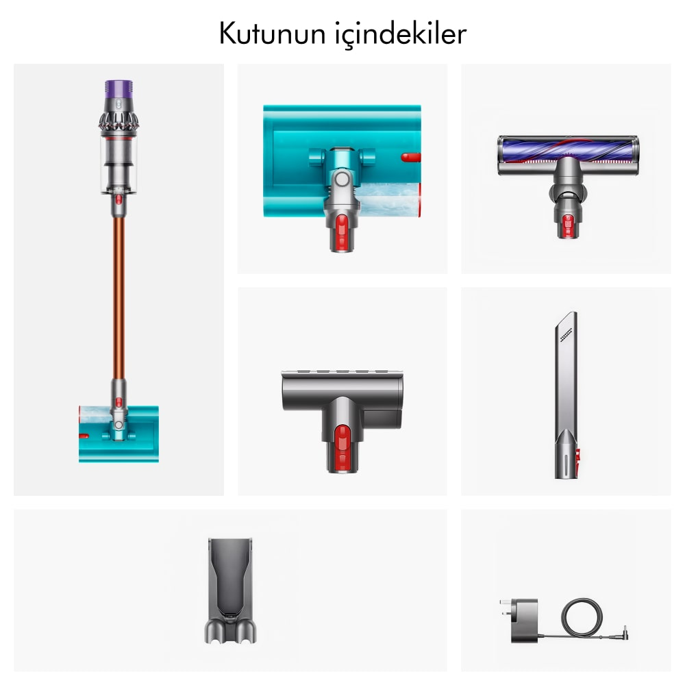 Dyson elektrikli süpürge ve aksesuarları: ana ünite, fırça başlıkları, duvar aparatı.