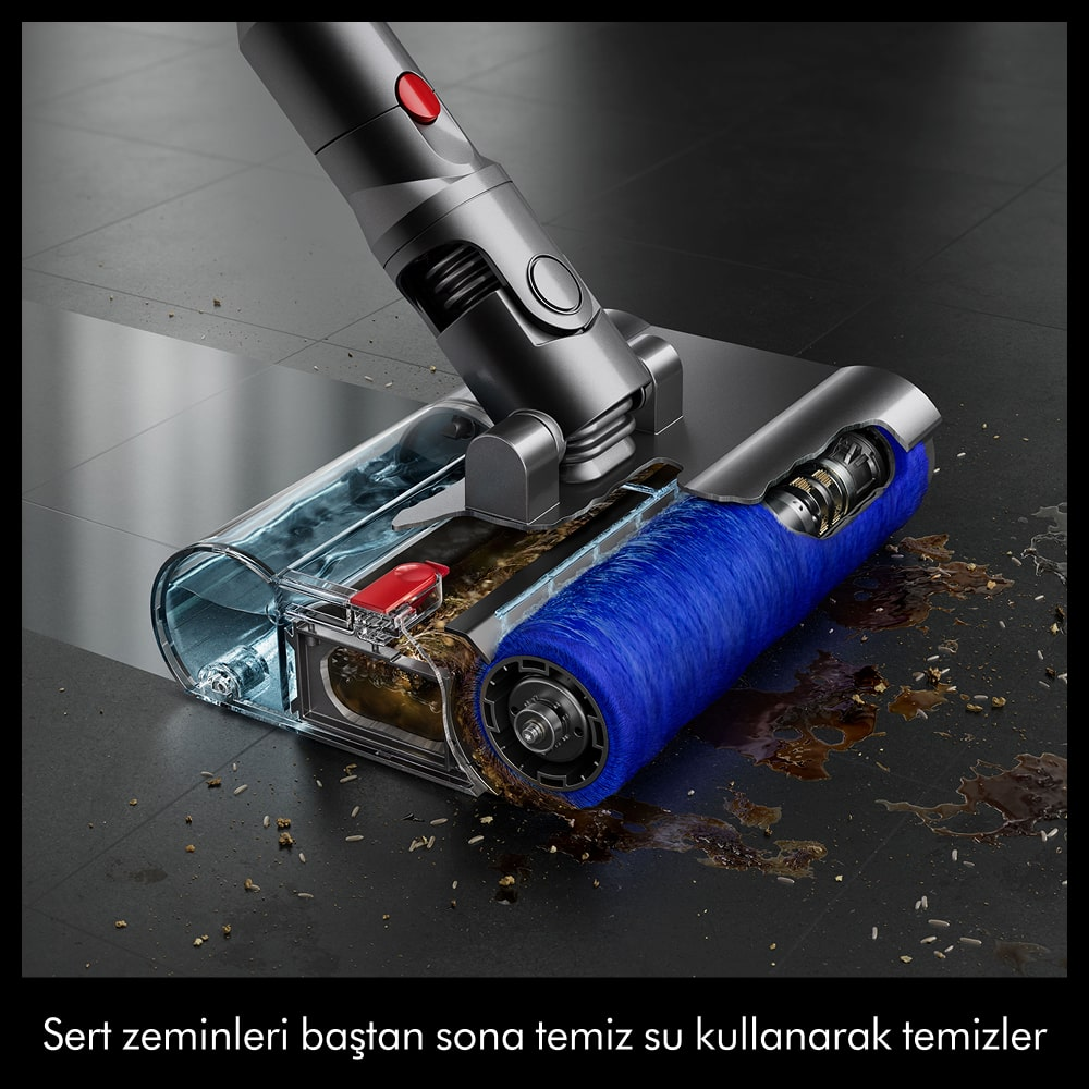Bir elektrikli süpürge mavi fırça ve su ile kirli zemini temizliyor.