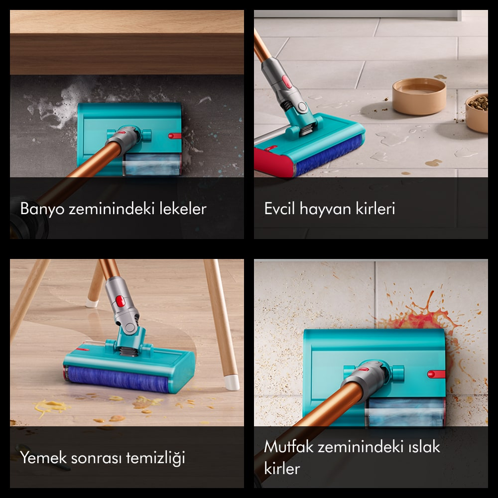 Süpürge banyo zemini, evcil hayvan tüyü, yemek kalıntısı, ıslak lekeleri temizler.