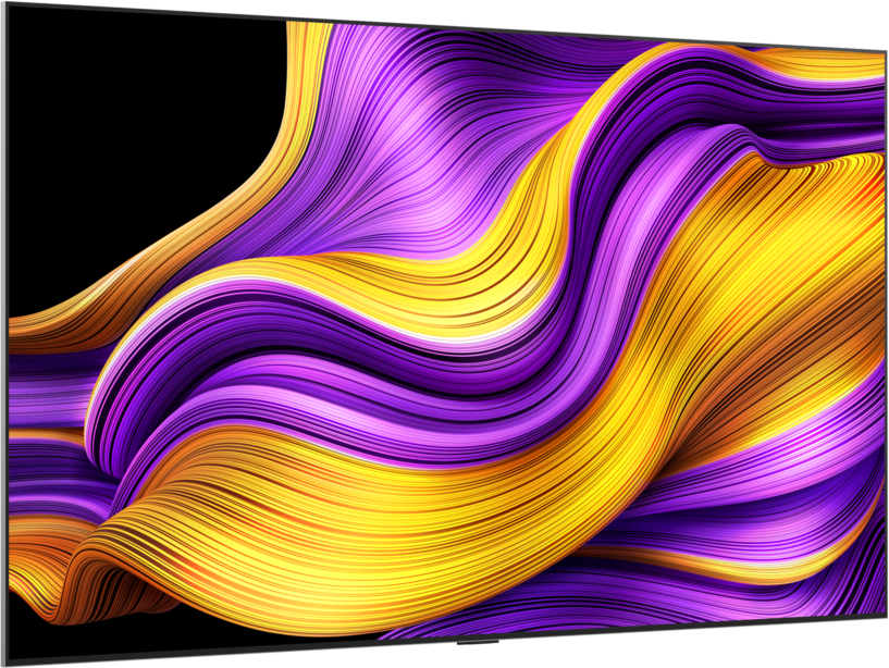 Abstract render of yellow and purple flowing waves against a black background.