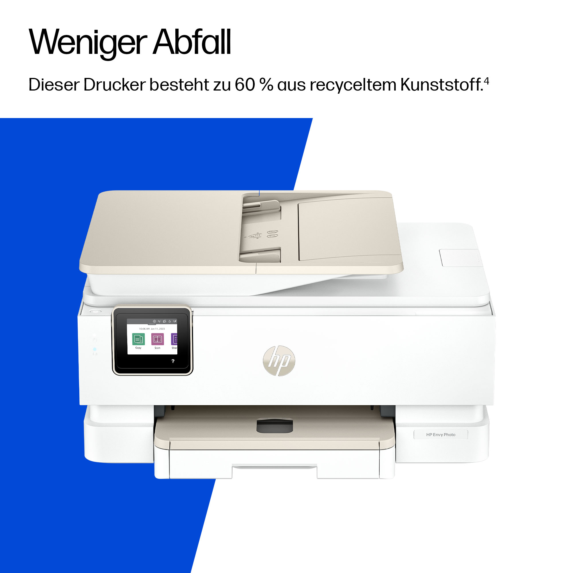 Ein weißer HP Envy Photo Drucker mit Touchscreen steht auf einem Tisch.