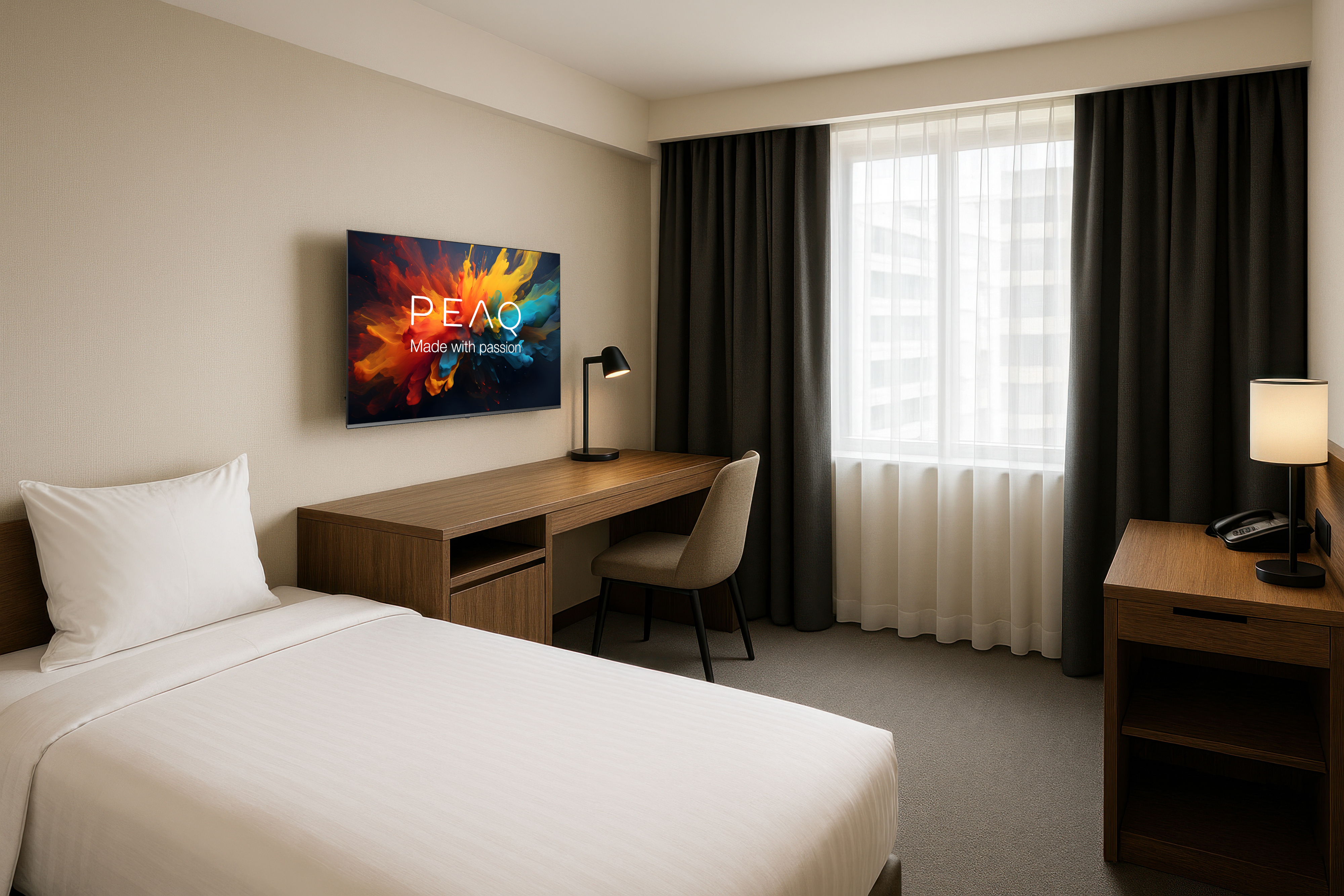 Ein Hotelzimmer mit Bett, Schreibtisch, TV und Fenster.