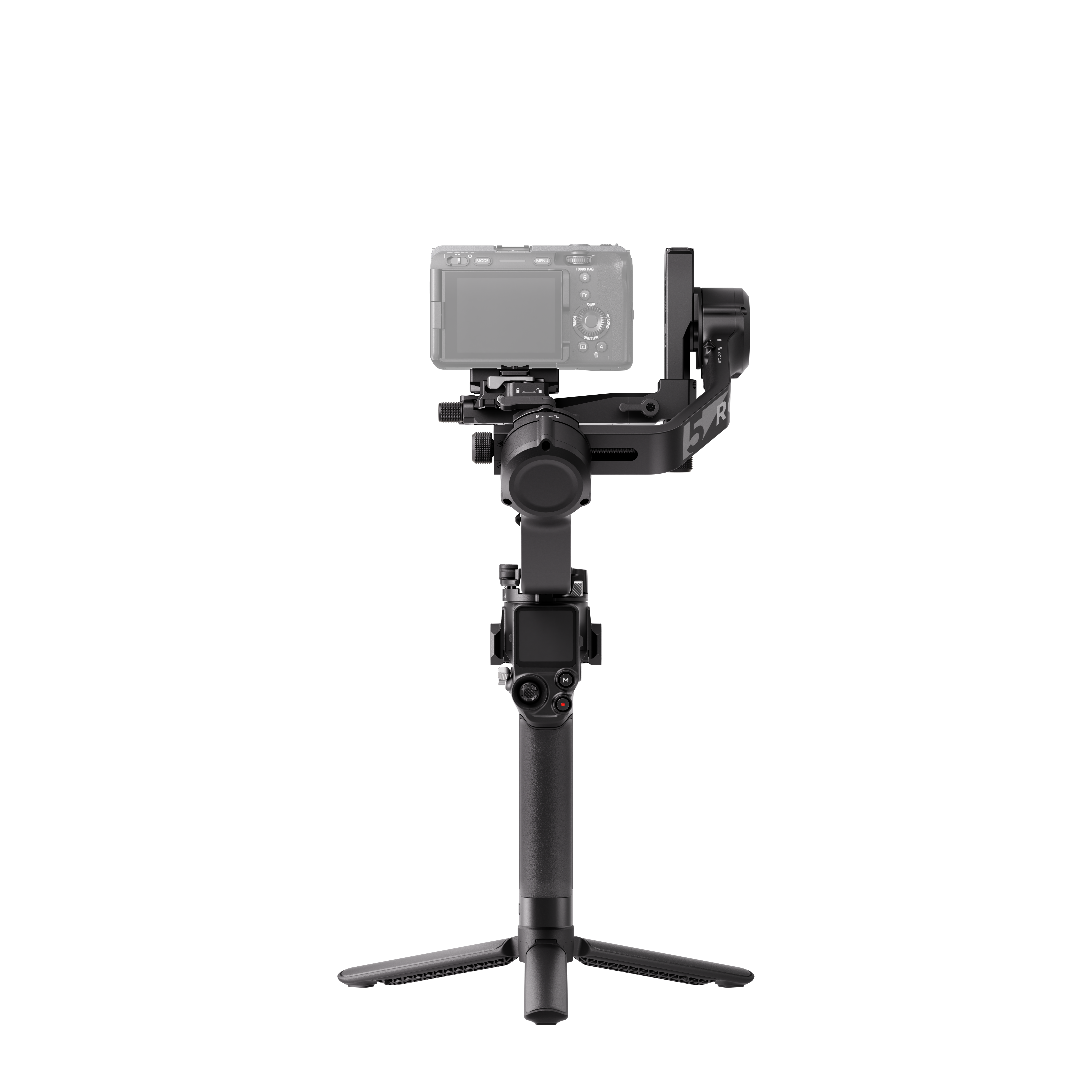 Kamera auf Gimbal mit Stativ, schwarzer Hintergrund.