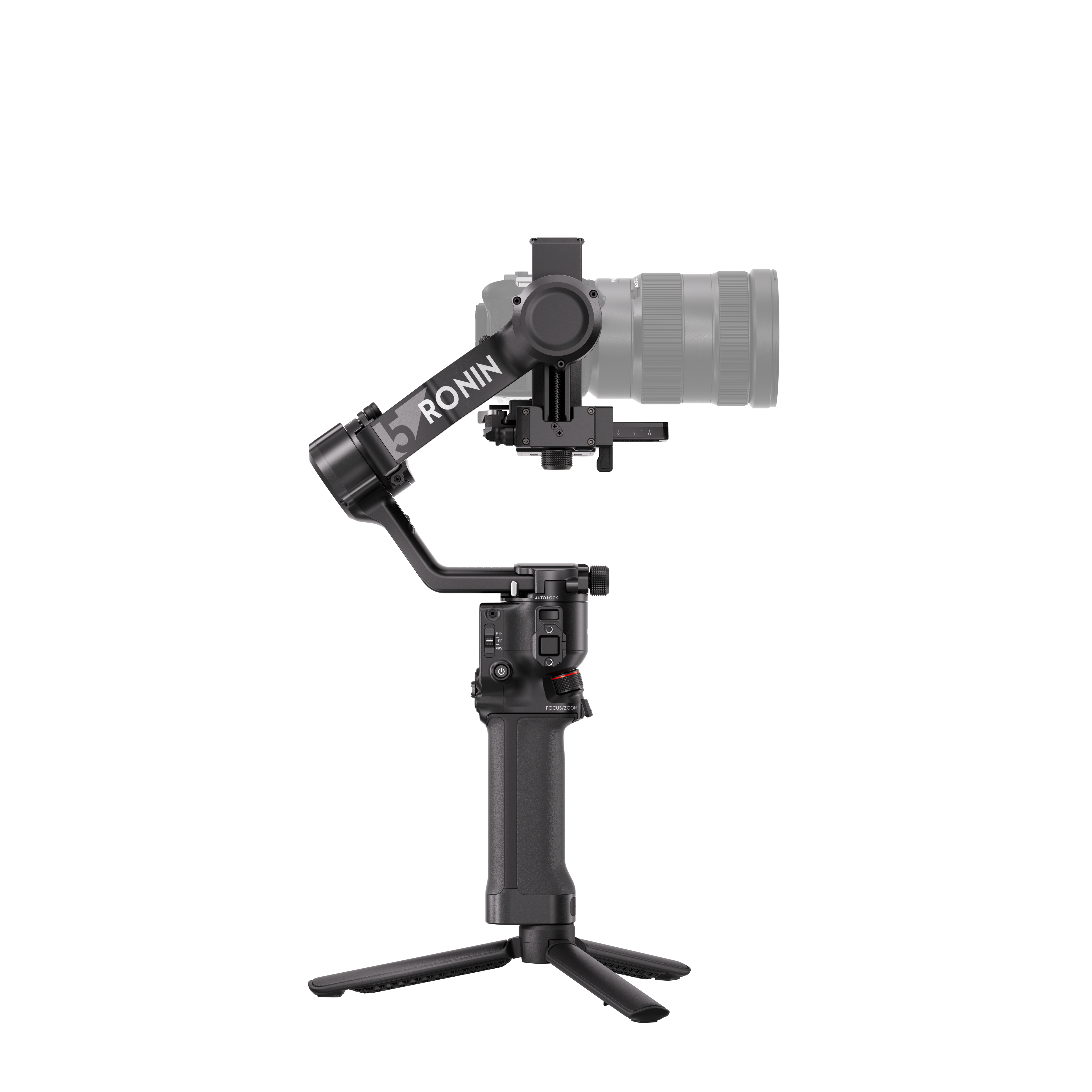 Ein schwarzer Kamerakardan mit Objektiv steht auf einem Stativ.