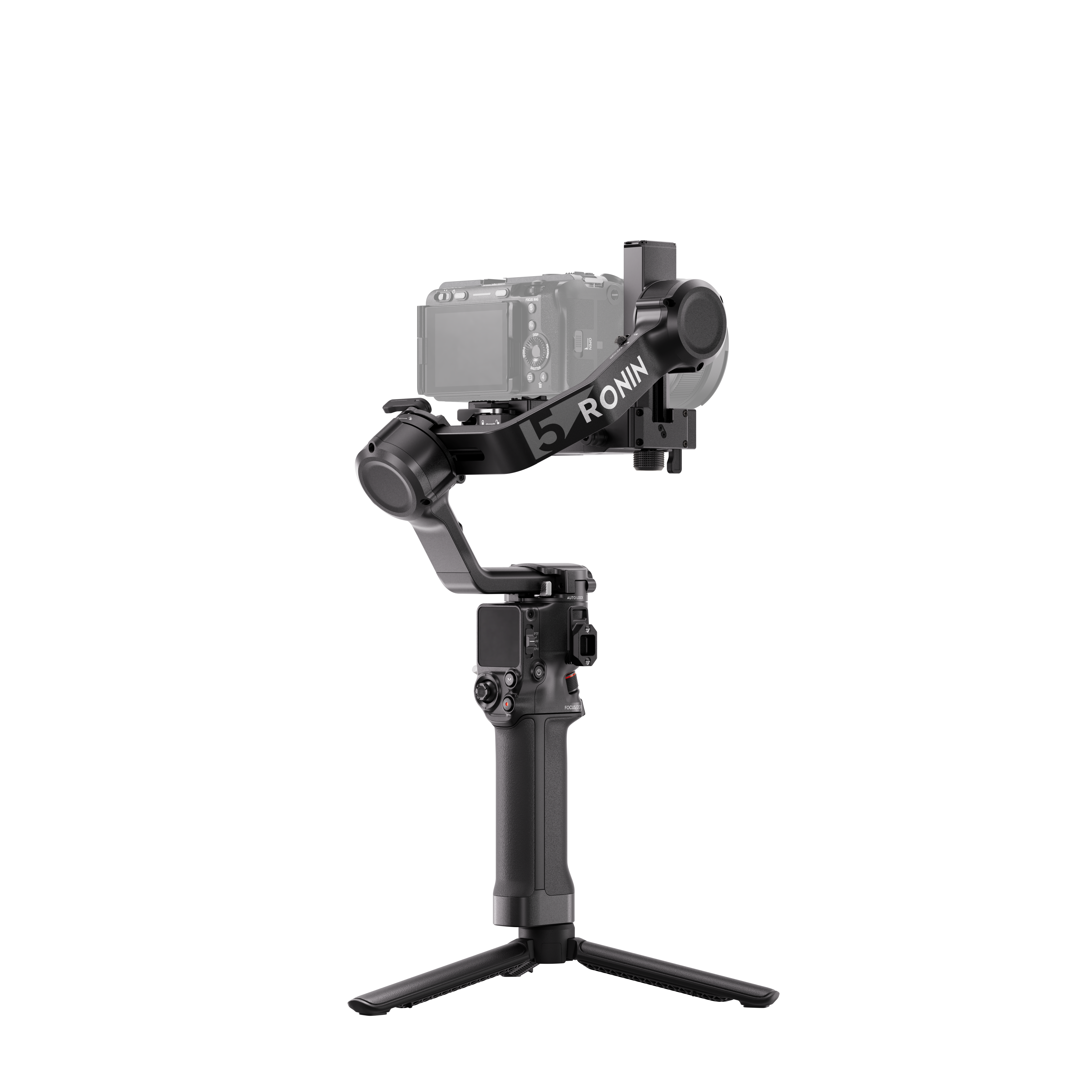 Schwarz DJI Ronin 5 Gimbal mit Kamera und Stativ.