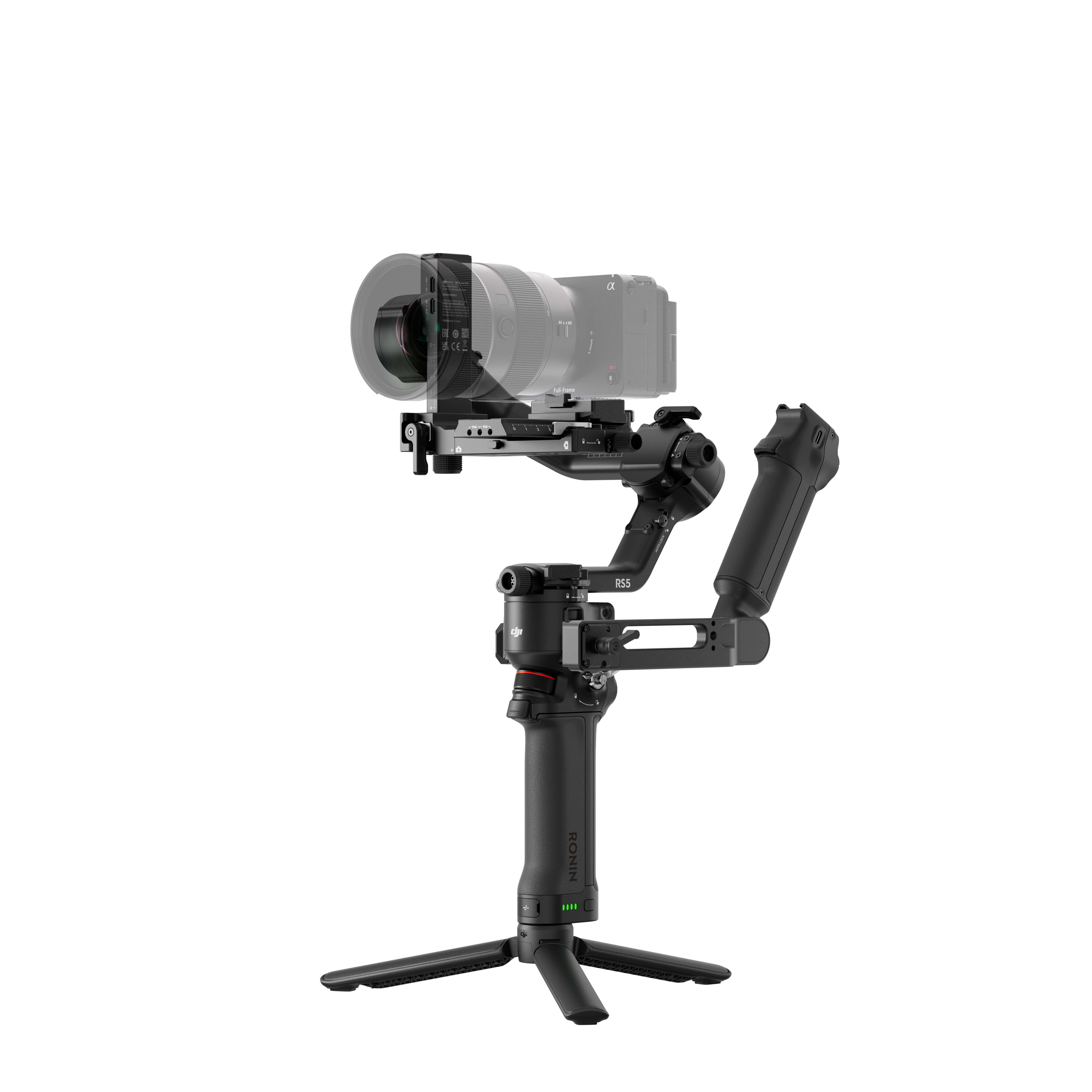 Eine schwarze Kamera mit Objektiv auf einem Gimbal-Stabilisator mit Stativ.