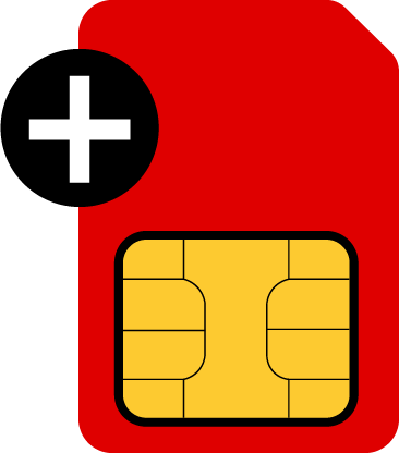 Een rode simkaart met gouden contacten en een wit plusje op zwarte achtergrond.