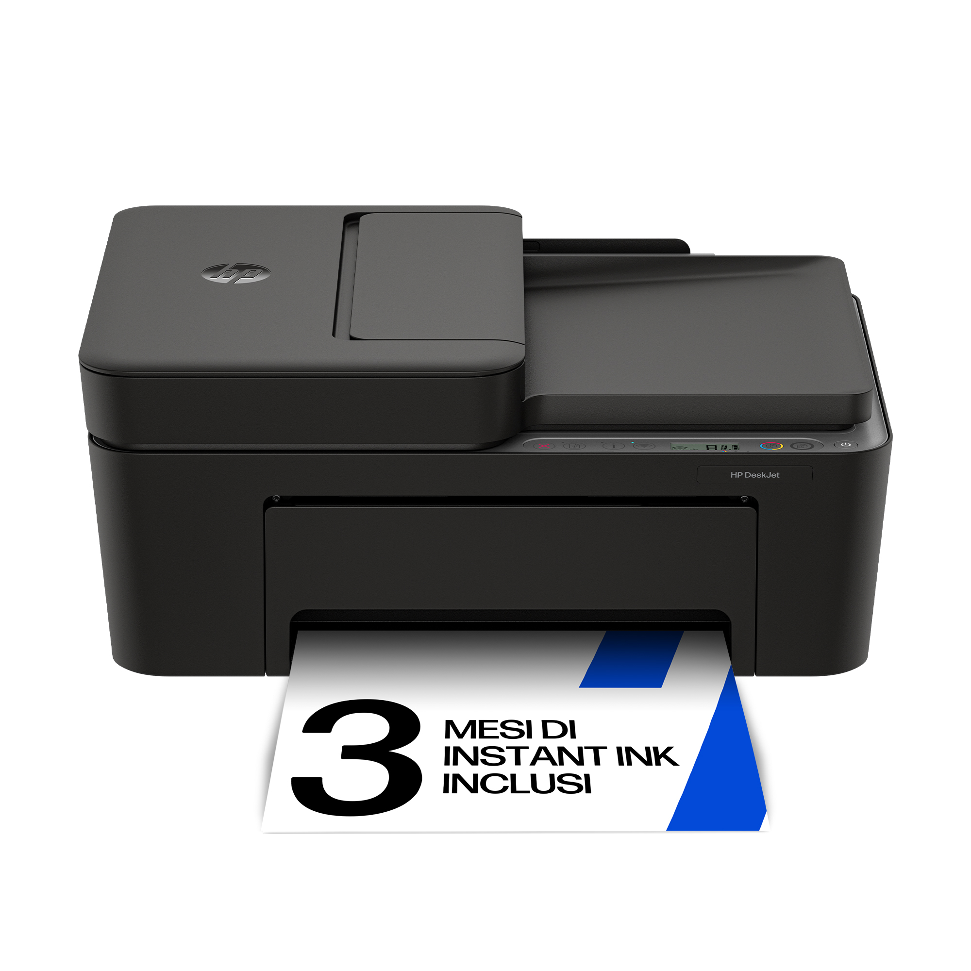 Una stampante HP DeskJet nera con un foglio di carta che fuoriesce dalla parte anteriore, recante la scritta "3 MESI DI INSTANT INK INCLUSI".