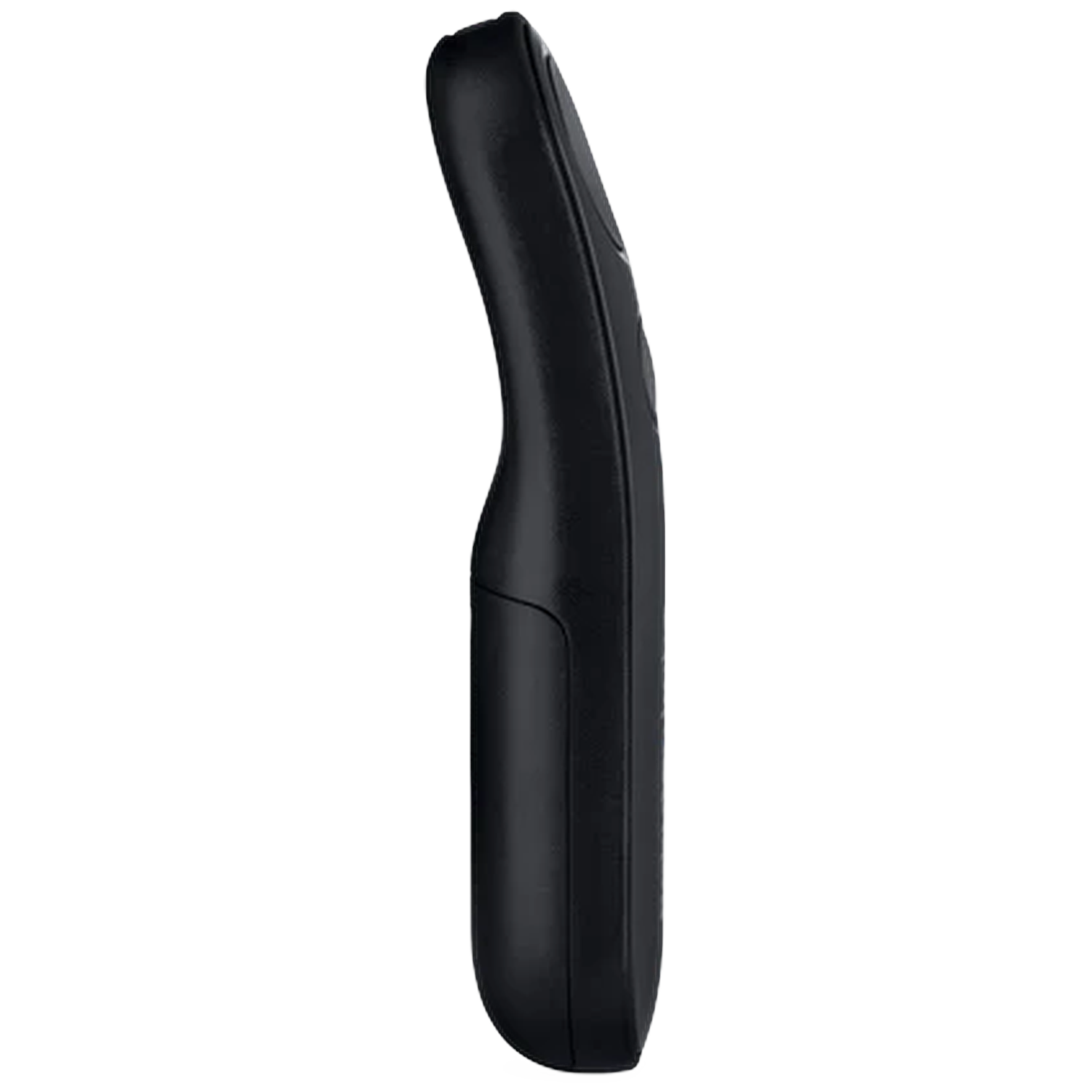 Black remote control in profile on a white background.
