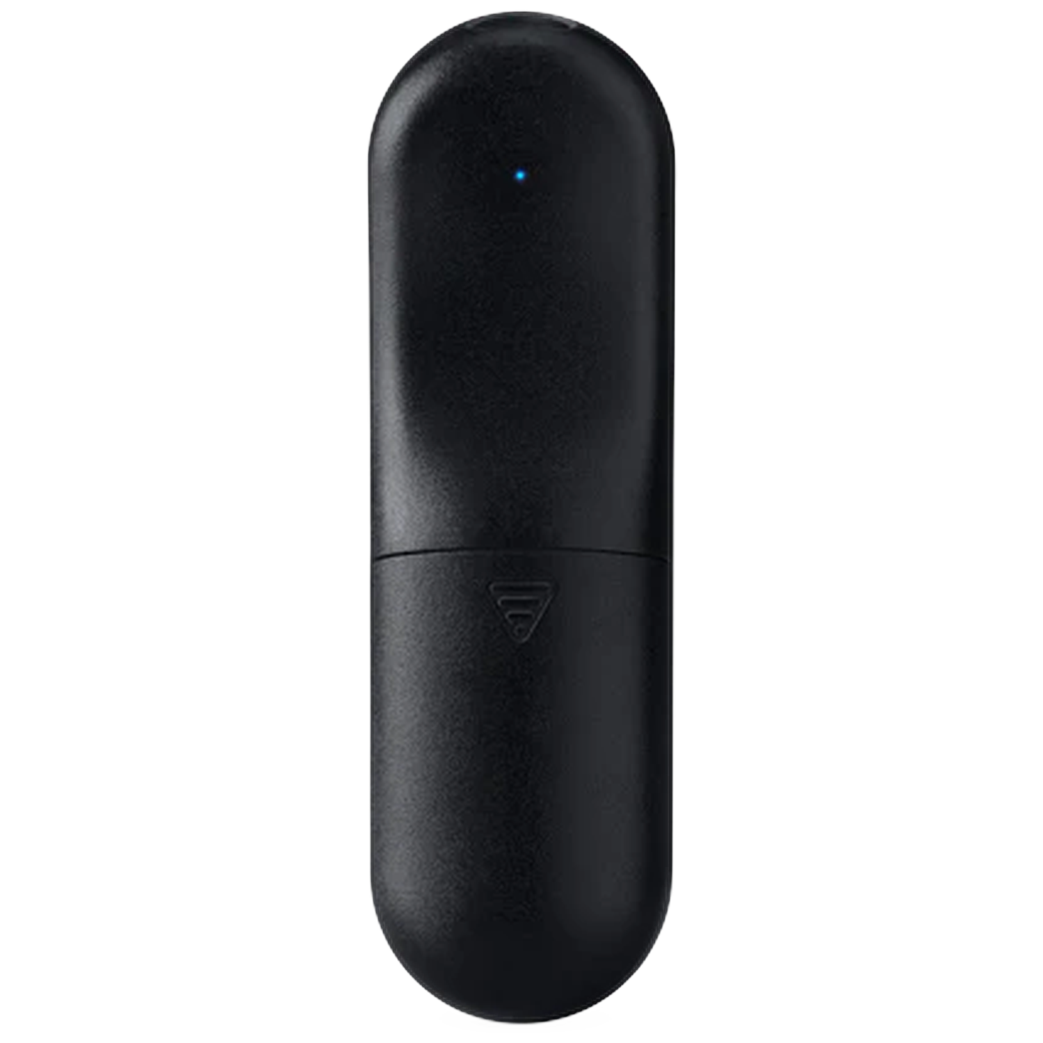 A black, pill-shaped object with a blue light on top.