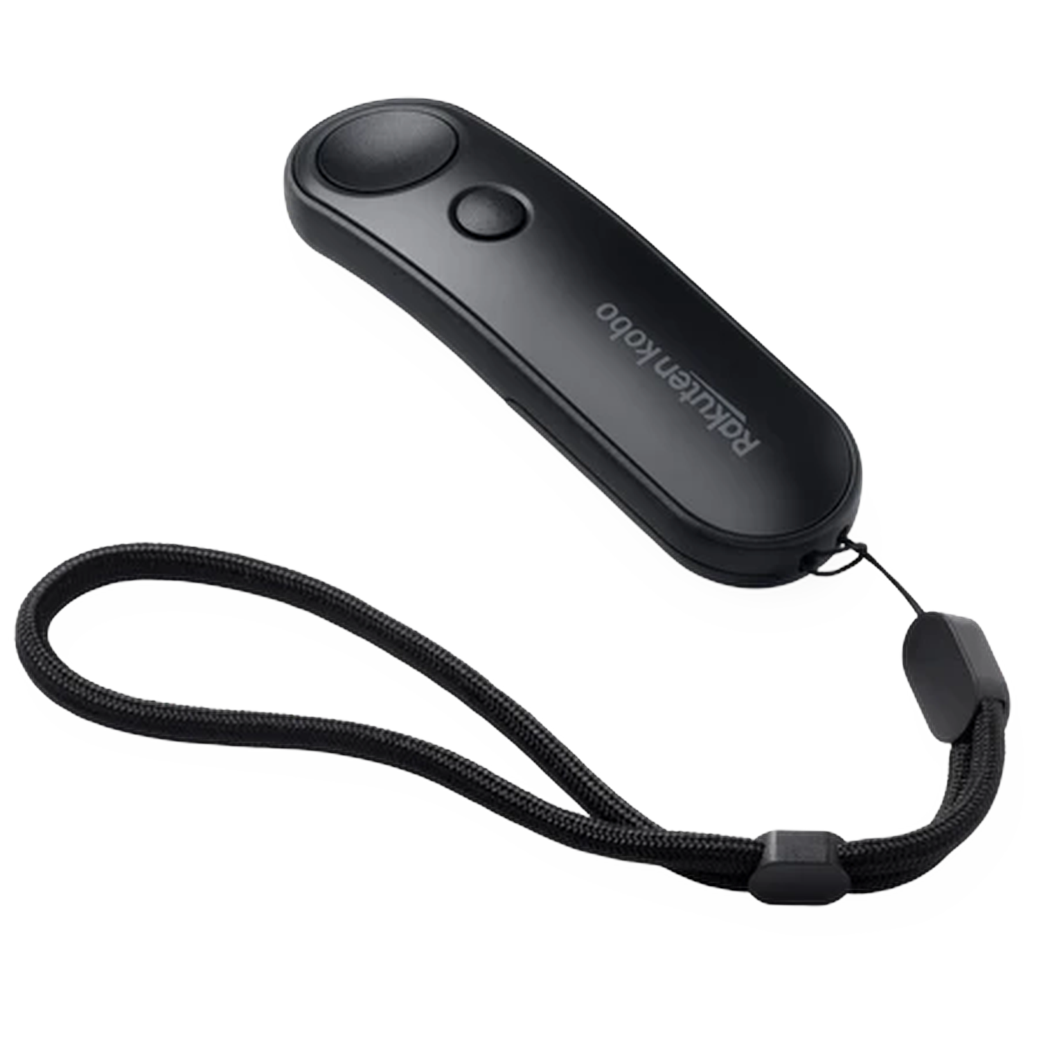 Black Kobo remote with wrist strap, two buttons, and logo.