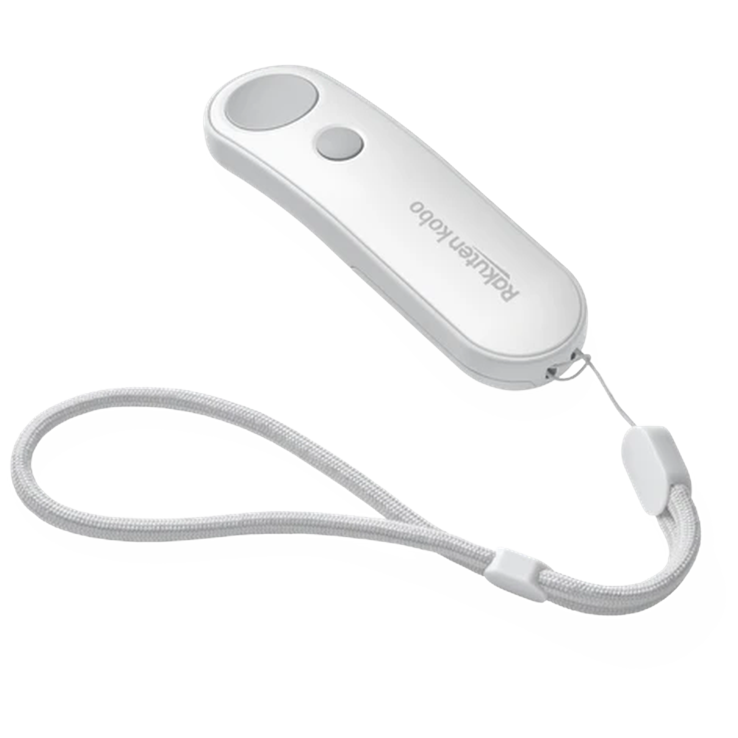 Een wit Kobo-apparaat met twee grijze knoppen en een polsband.