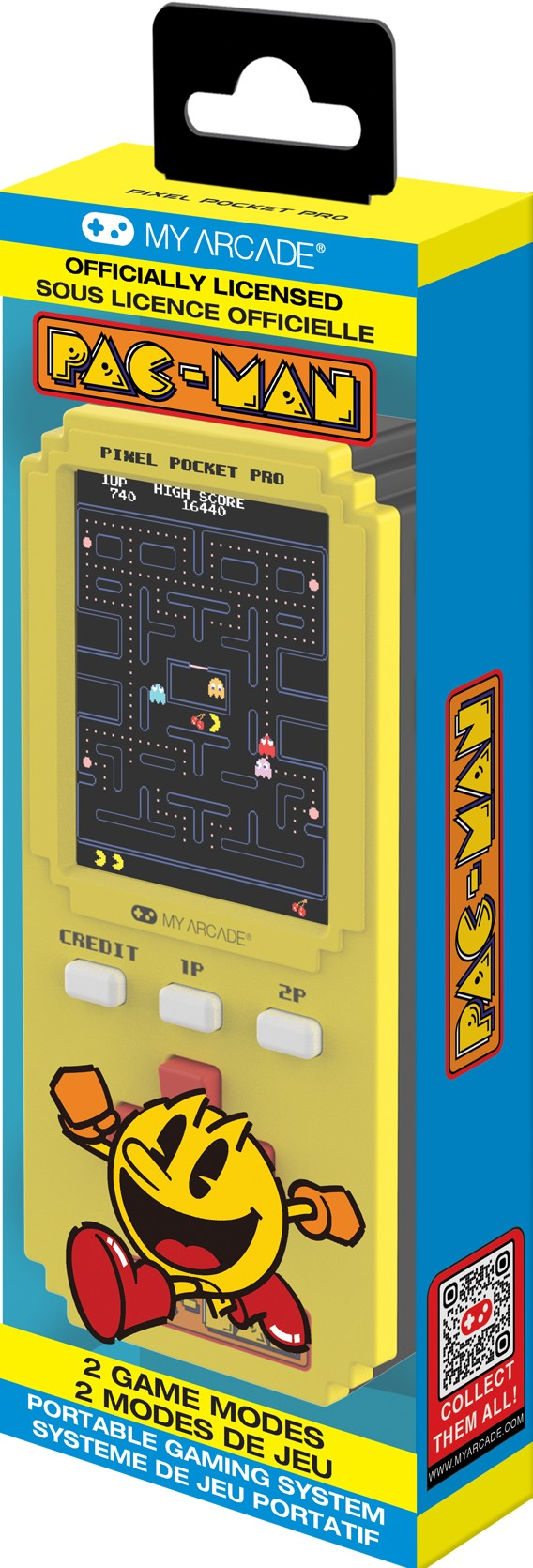 Gelbe Pac-Man Spielkonsole mit Tasten und Bildschirm, der das Spiel zeigt.