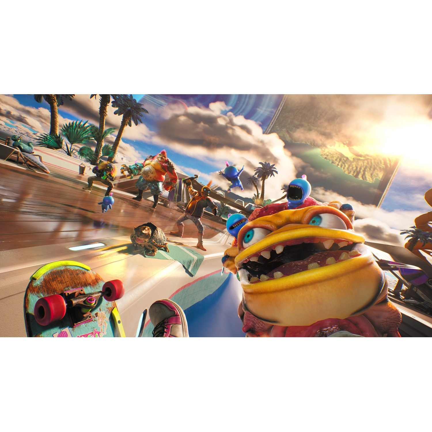 Kleurrijke personages en een skateboard op een futuristisch dek met palmbomen.