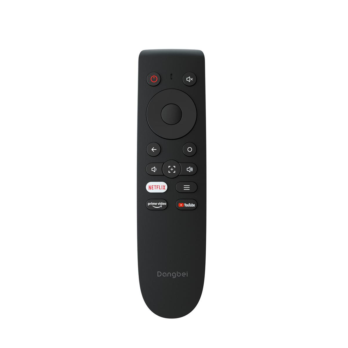 Schwarzer Fernbedienung mit Netflix-, Prime Video- und YouTube-Tasten.