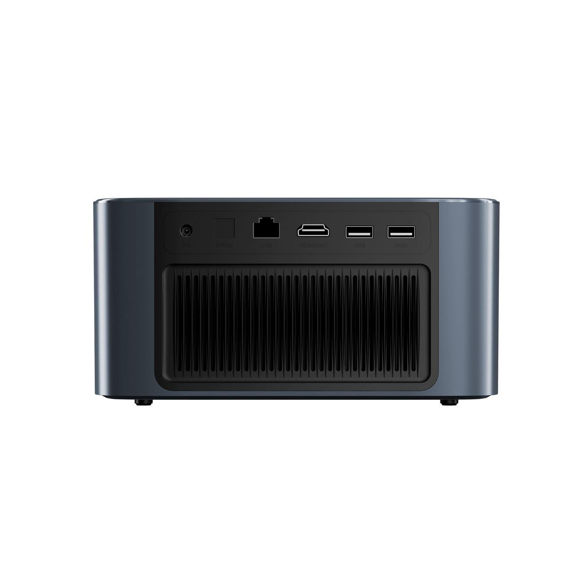 Dunkelgraues Gerät mit Anschlüssen: DC, S/PDIF, LAN, HDMI/ARC, USB, USB.
