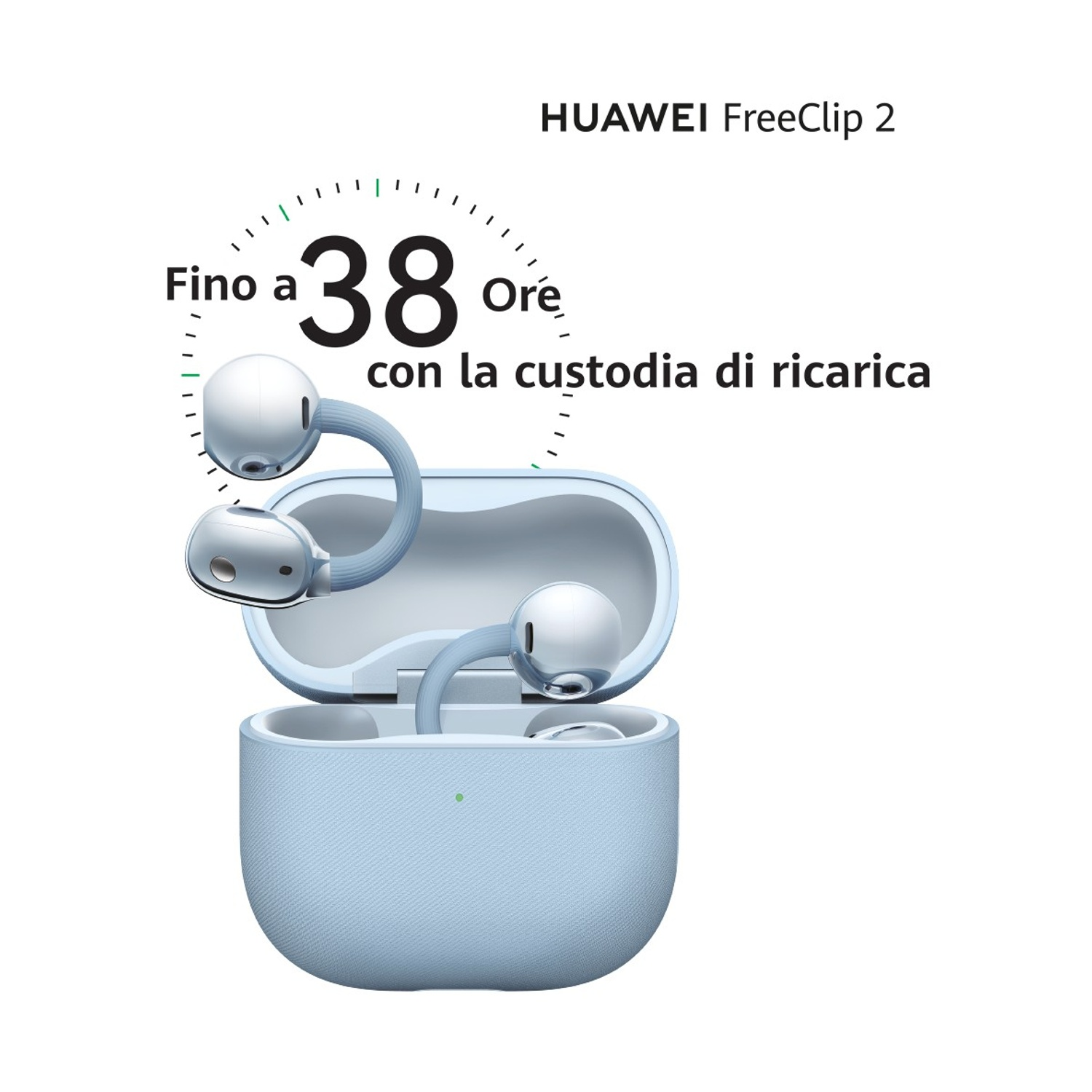 HUAWEI FreeClip 2: Custodia blu con auricolari bianchi. Fino a 38 ore di batteria.