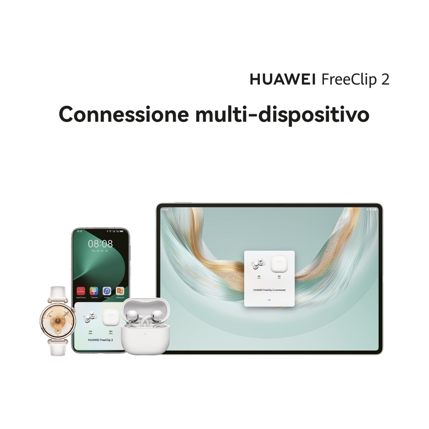 Huawei FreeClip 2, smartphone, orologio e tablet con messaggio di connessione.