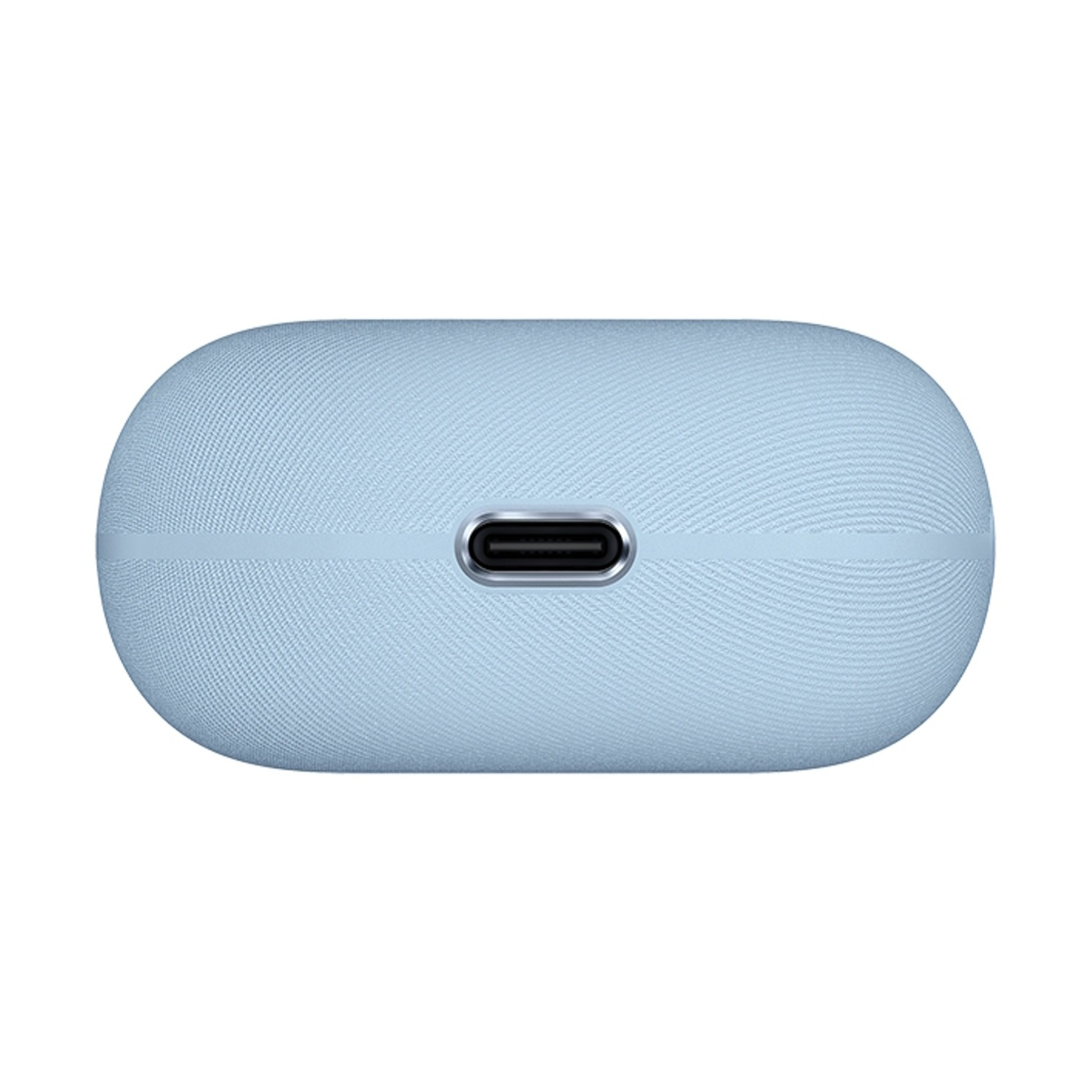 Custodia di ricarica azzurra per auricolari con porta USB-C.
