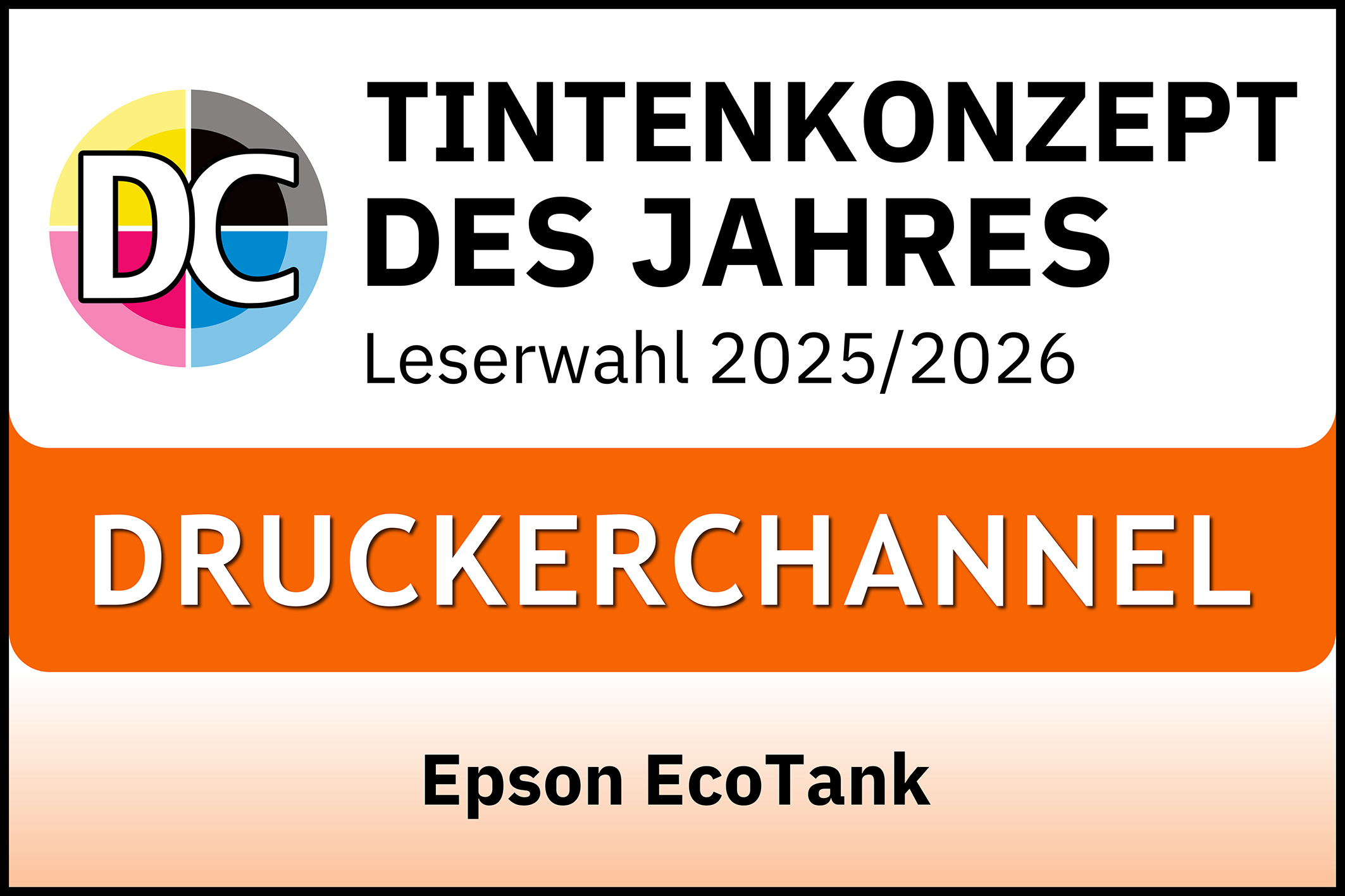 Logo mit DC, Text 'TINTENKONZEPT DES JAHRES Leserwahl 2025/2026', 'DRUCKERCHANNEL', 'Epson EcoTank'.