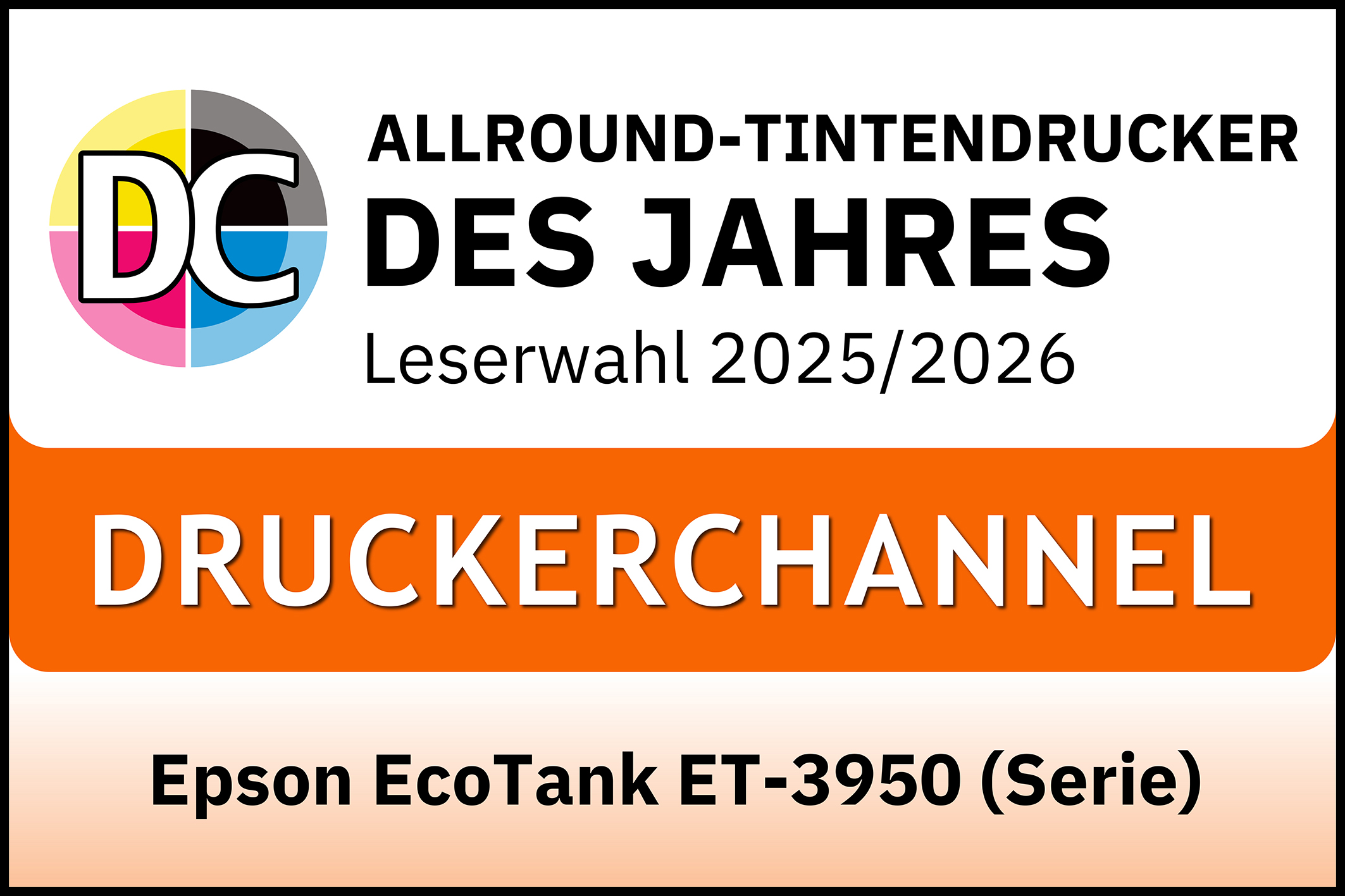 Logo mit DC-Symbol, Text 'Allround-Tintendrucker des Jahres'.