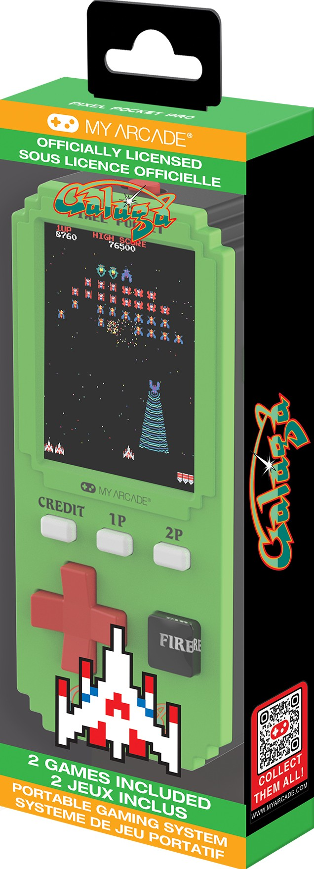 Grünes My Arcade Pixel Pocket Pro mit Galaga-Spiel auf dem Bildschirm, roten Knöpfen und weißen Steuerelementen.