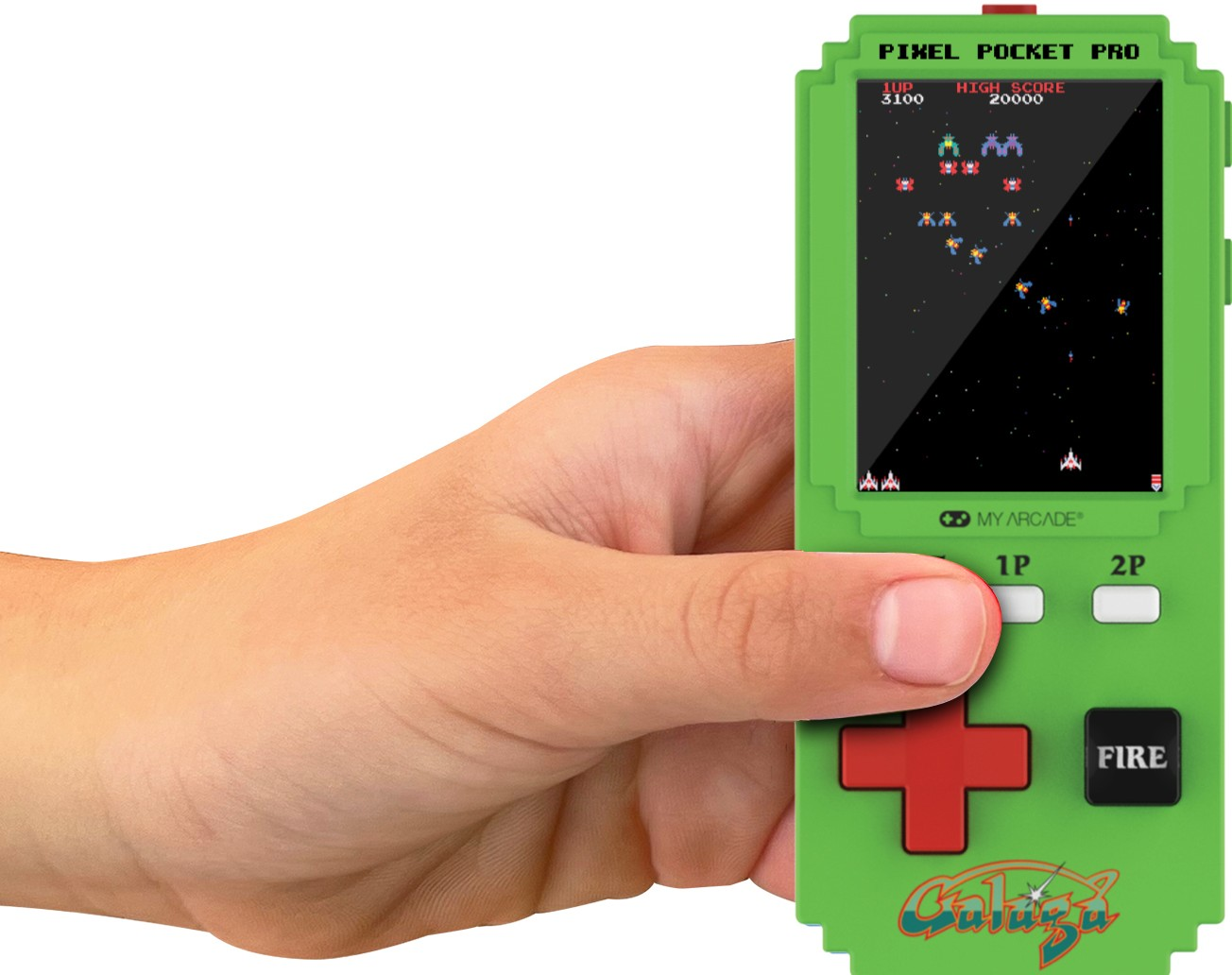 Eine Hand hält ein grünes Handheld-Spielgerät, das ein Weltraumspiel mit Alien-Schiffen zeigt.