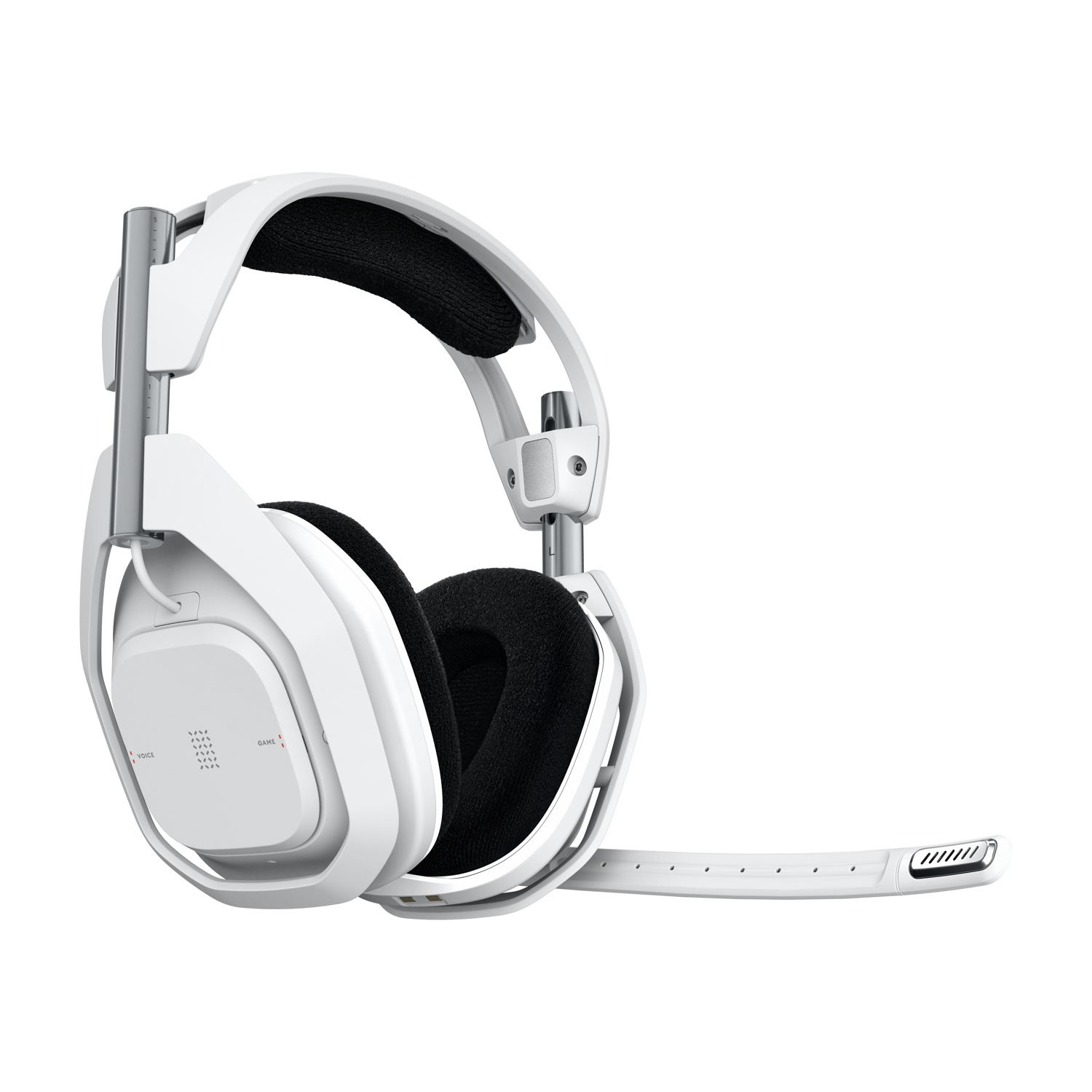 Cuffie bianche da gaming con archetto e microfono neri.