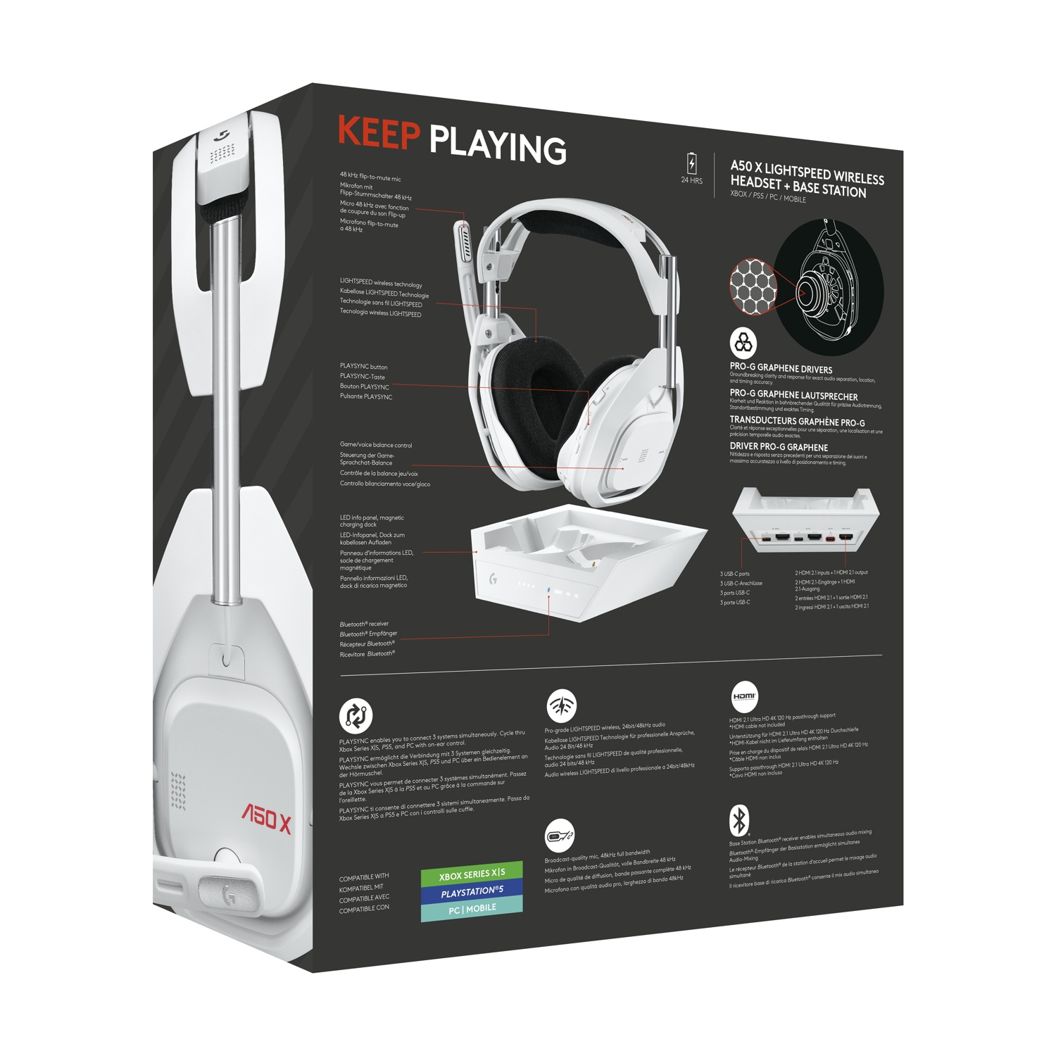 Cuffie Astro A50 X e base station con microfono, cuffie e porte.