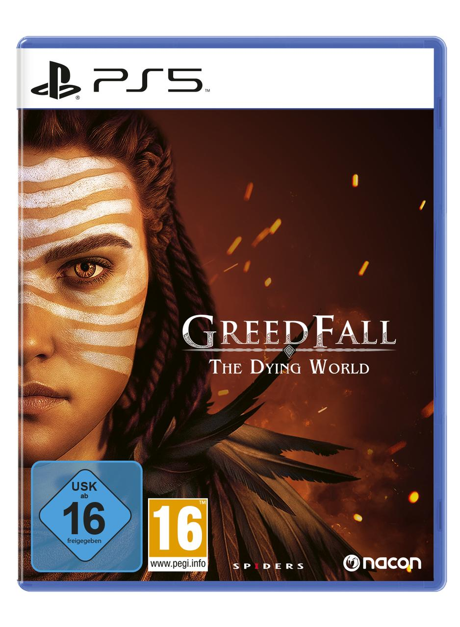 PS5 Spielcover: GreedFall mit Frauengesicht, "The Dying World" Titel, USK/PEGI 16.