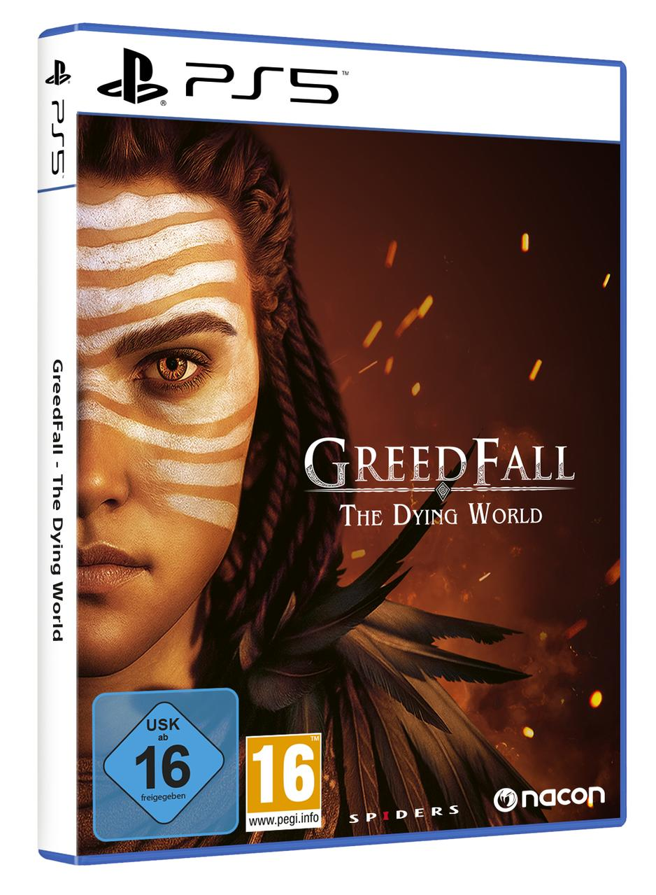 PS5 Spielcover GreedFall mit Gesichtsbemalung und Flammen.