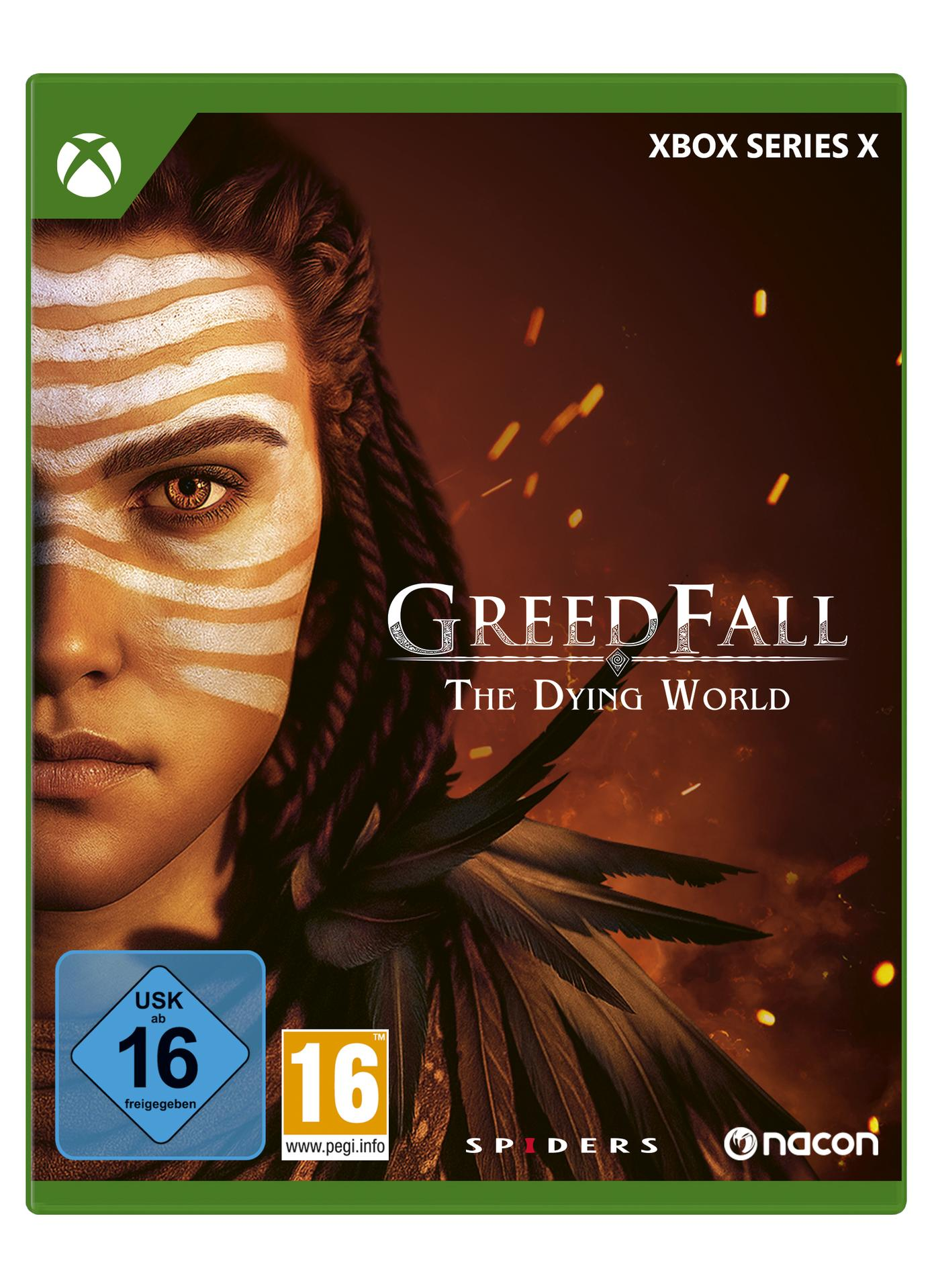 Cover von GreedFall: The Dying World für Xbox Series X mit Kriegerin und Altersfreigabe 16.