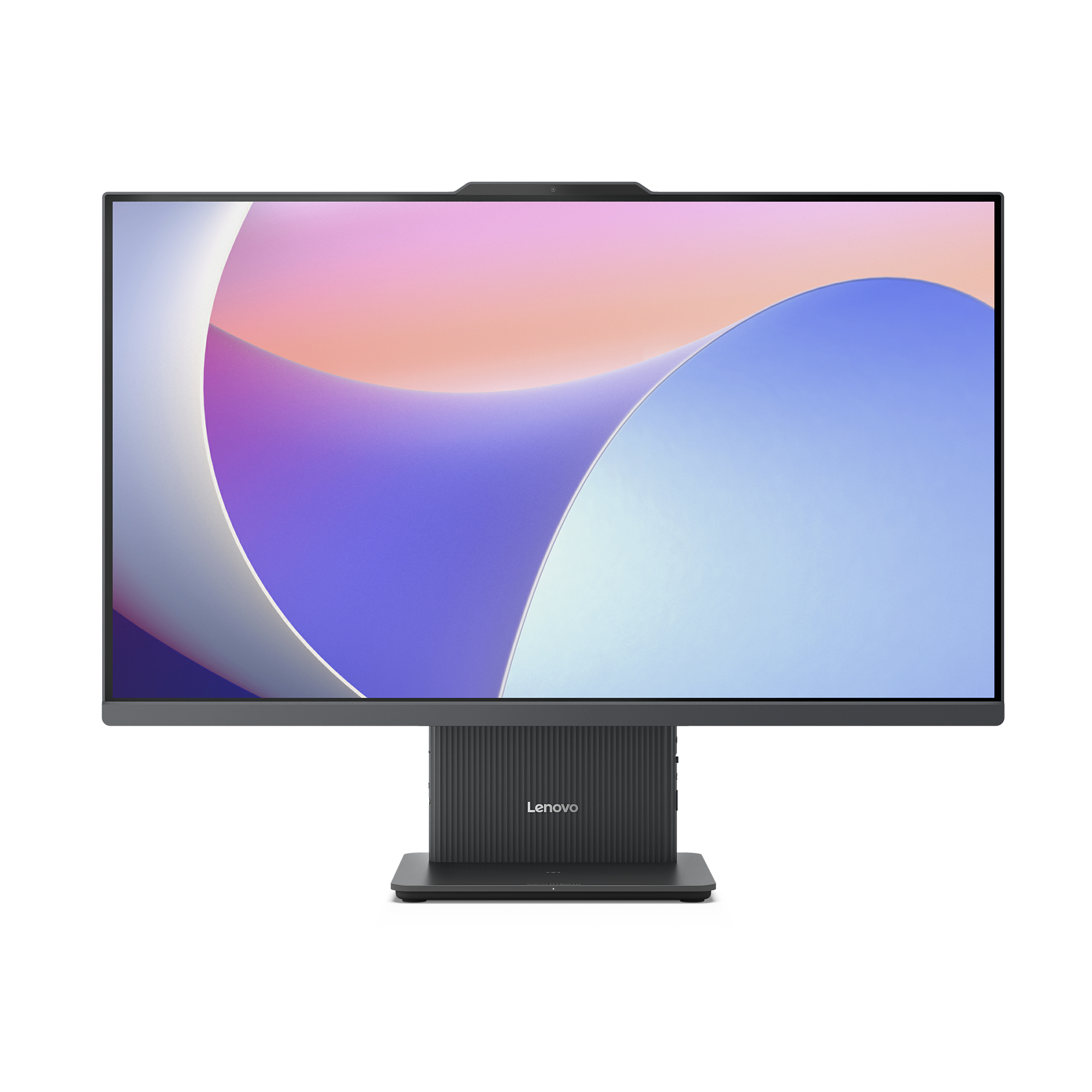 Un moniteur gris moderne affichant un fond abstrait avec un logo Lenovo.