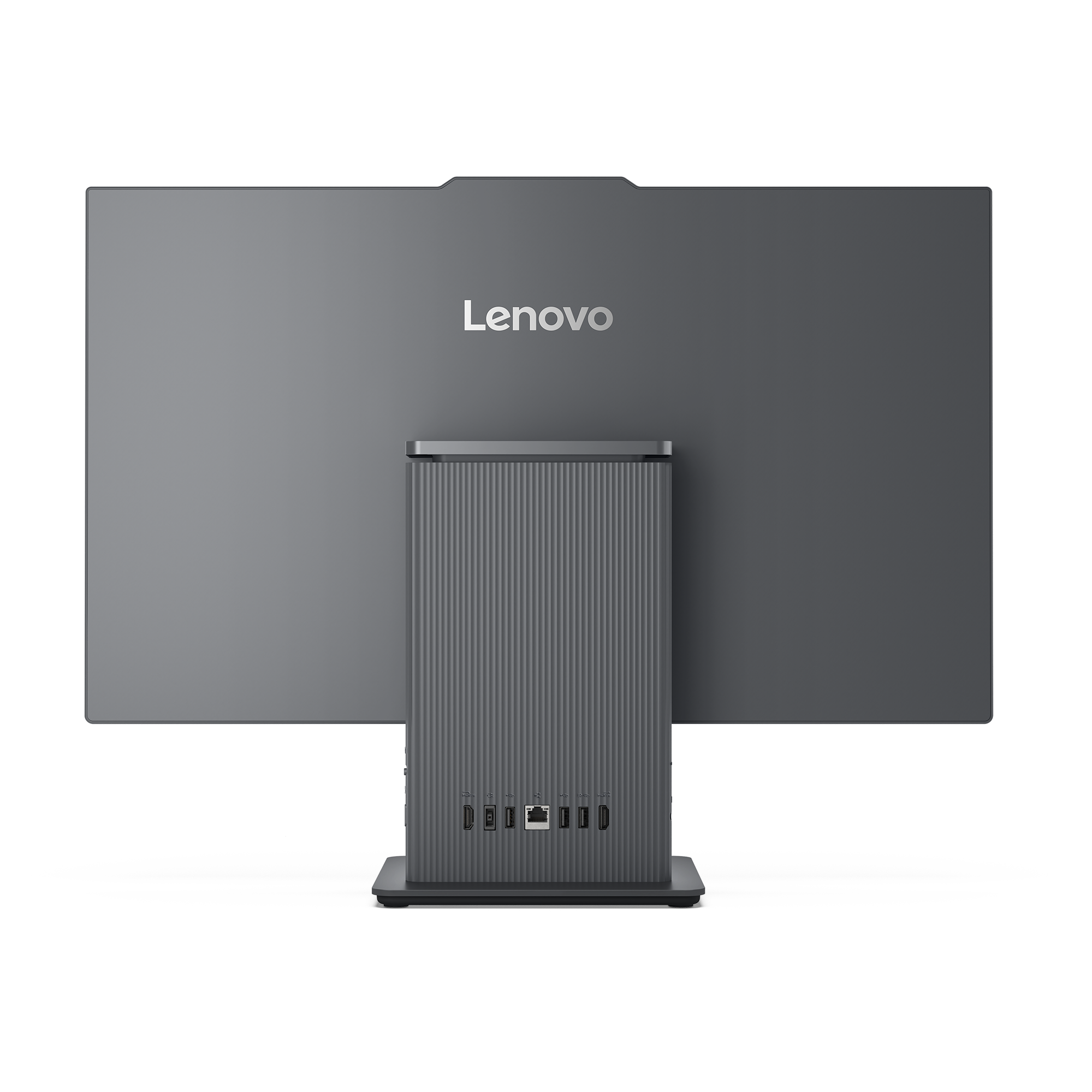 Arrière d'un ordinateur tout-en-un Lenovo gris montrant les ports.