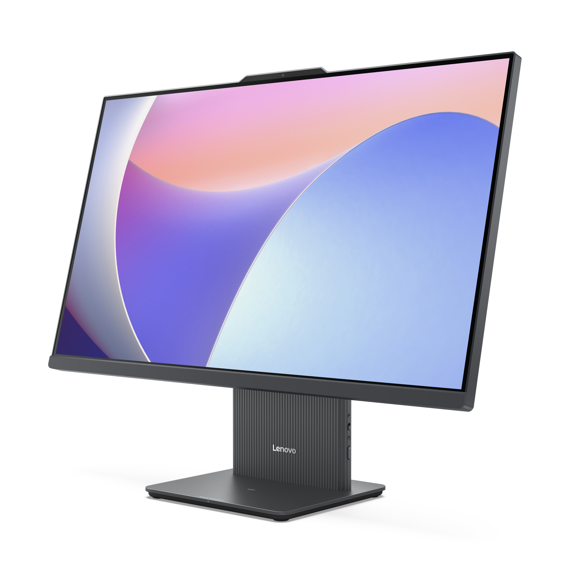 Un moniteur Lenovo élégant avec un fond d'écran abstrait moderne.