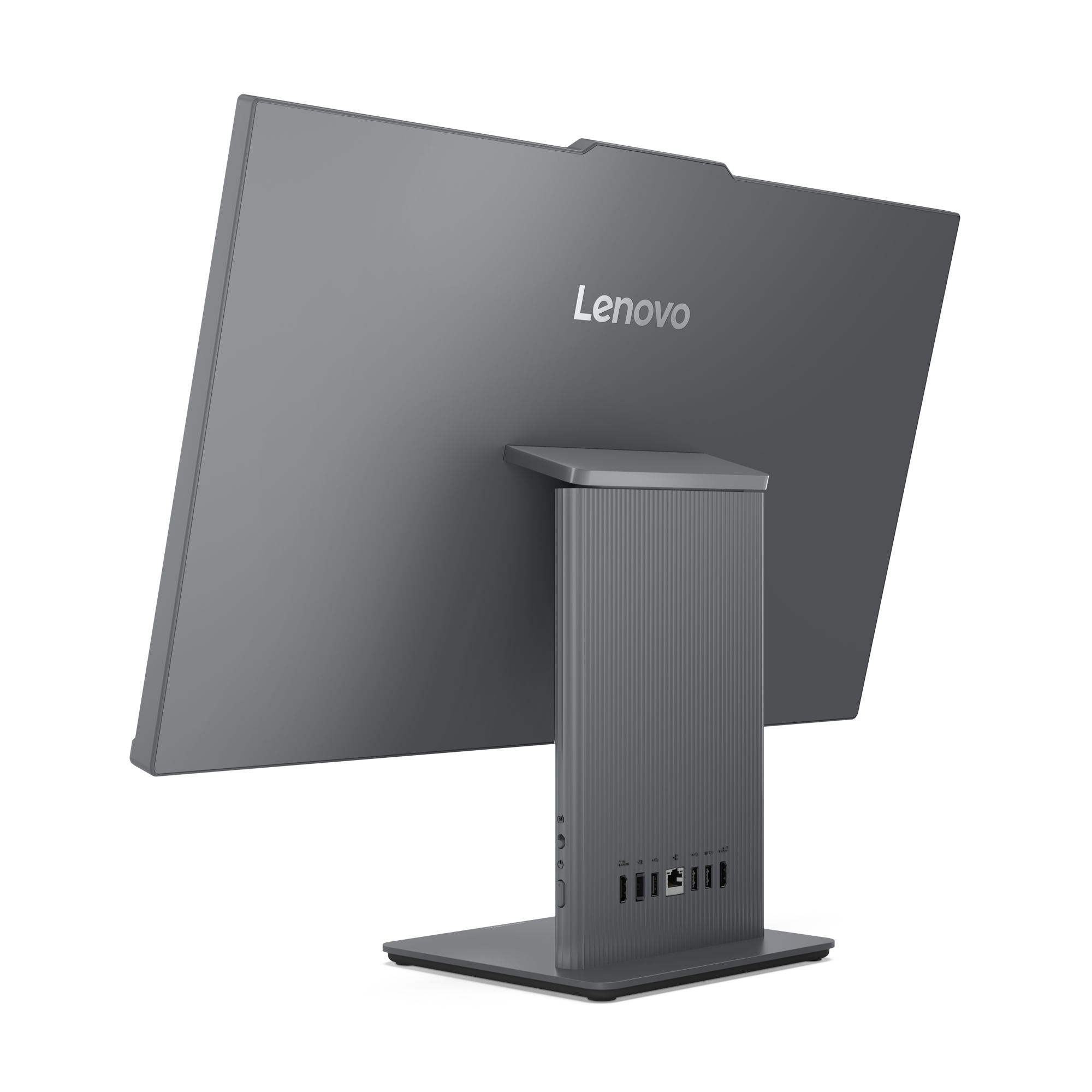 Vue arrière d'un ordinateur tout-en-un Lenovo gris avec ports.