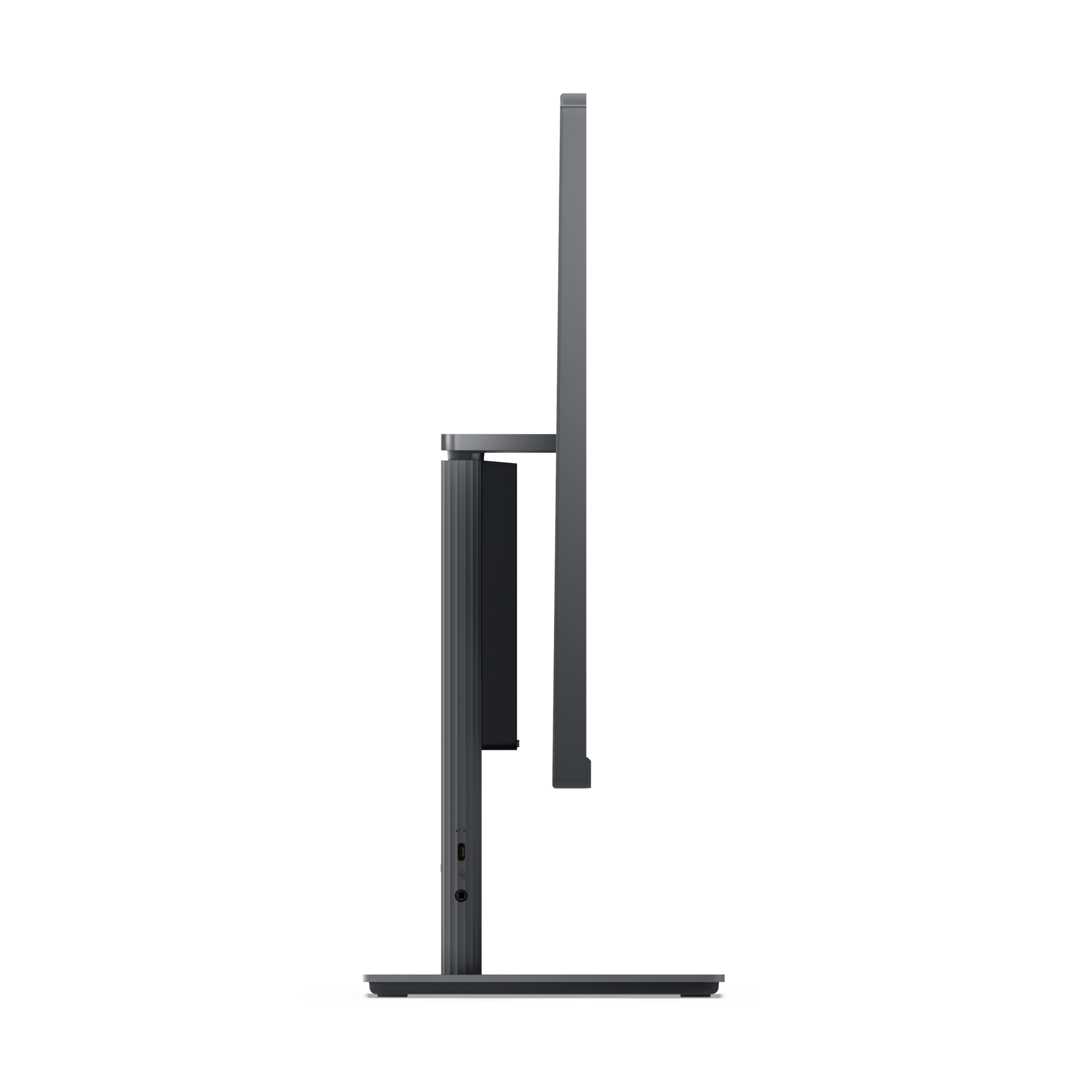 Vue arrière d'un moniteur gris avec support et ports.