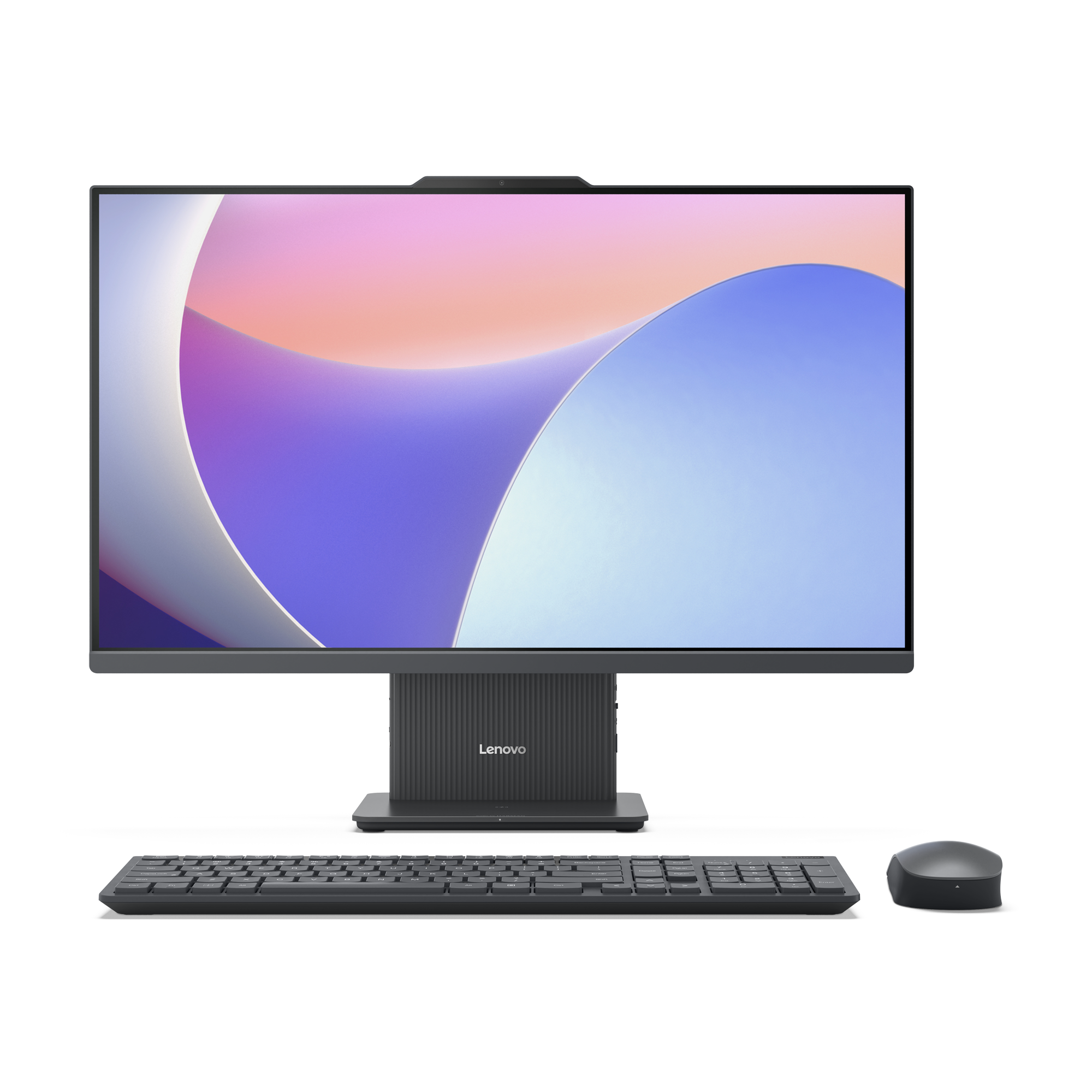 Un PC tout-en-un Lenovo gris avec clavier et souris.
