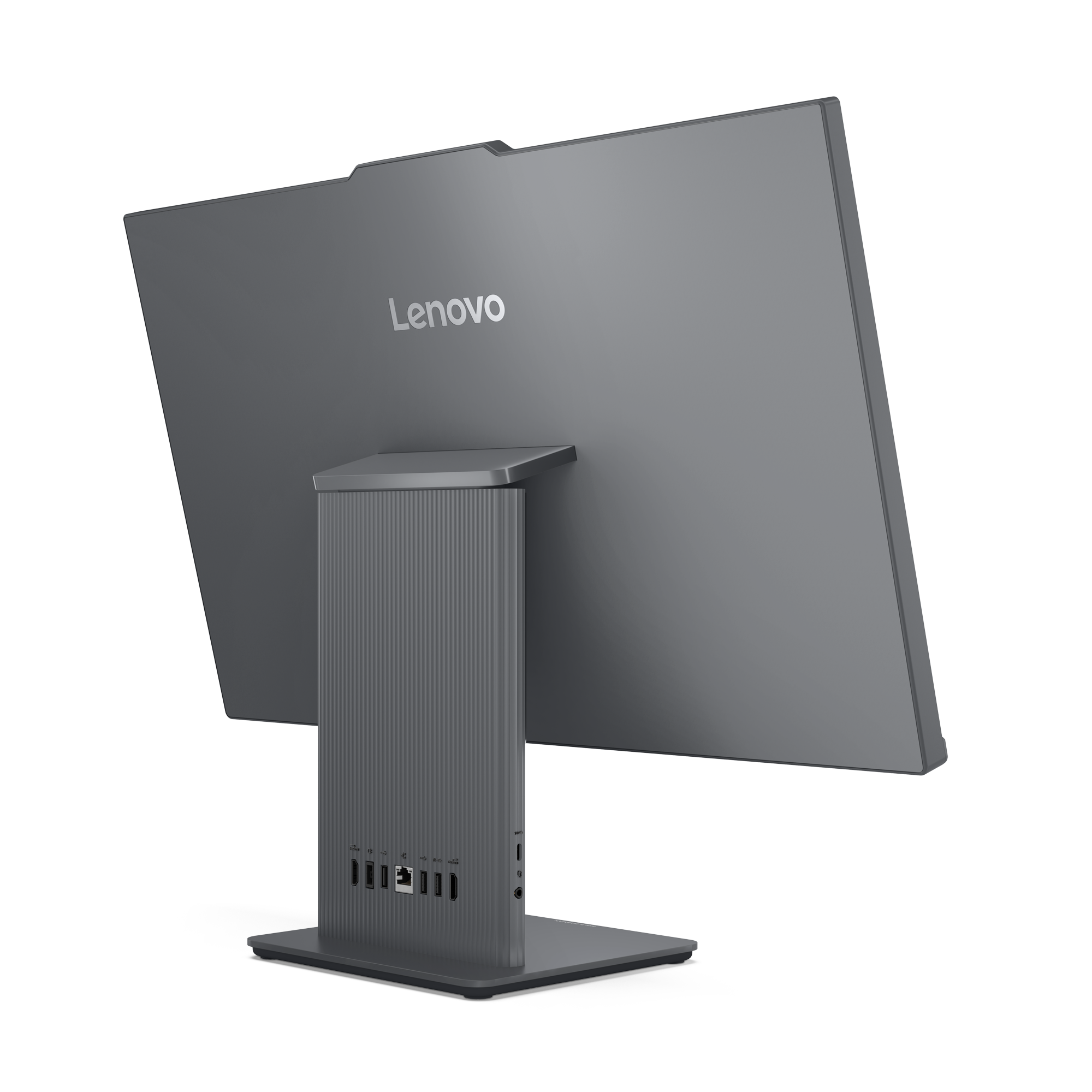 Arrière d'un ordinateur tout-en-un Lenovo gris avec des ports à la base.