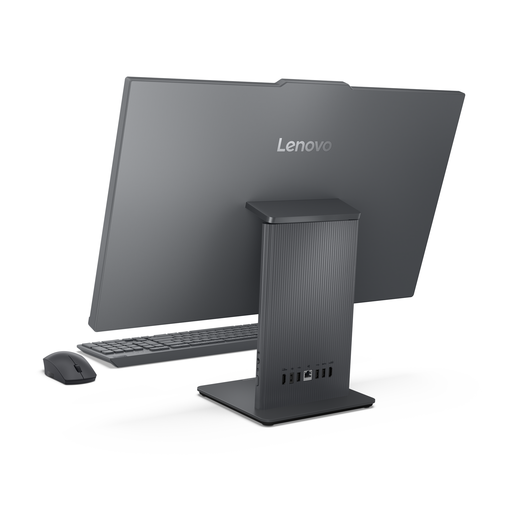 PC tout-en-un Lenovo gris avec clavier et souris, vue arrière des ports.