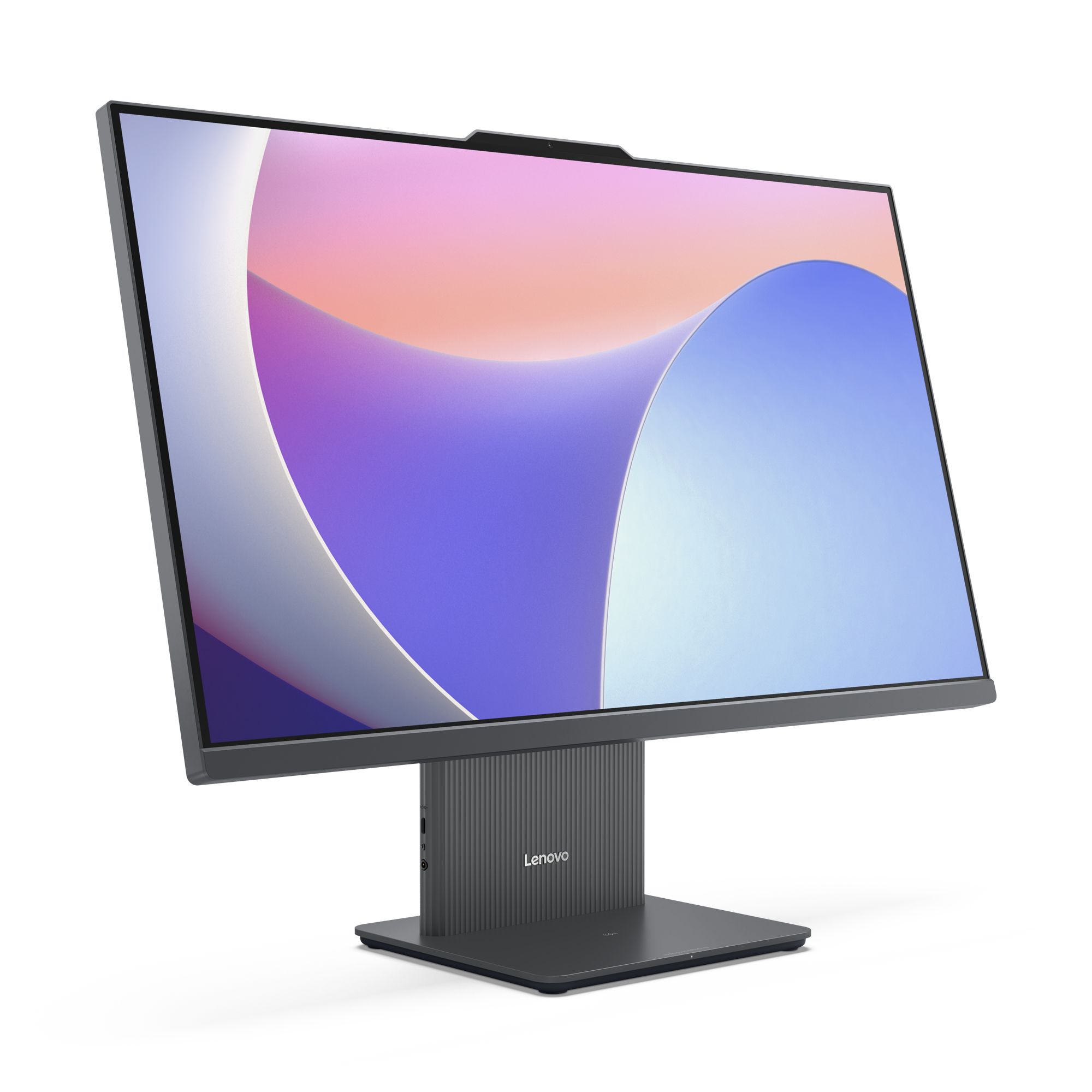 Moniteur Lenovo gris avec fond abstrait et caméra en haut.