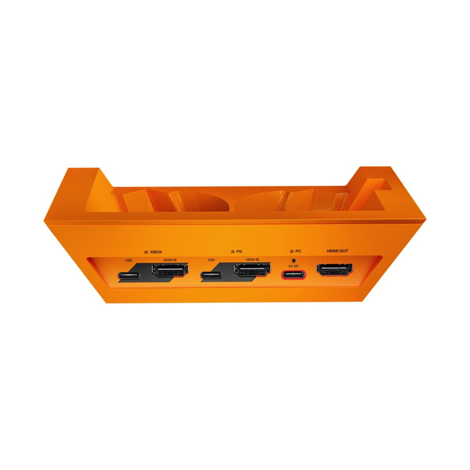 Dock arancione: USB, HDMI IN per XBOX, PS, PC e HDMI OUT.