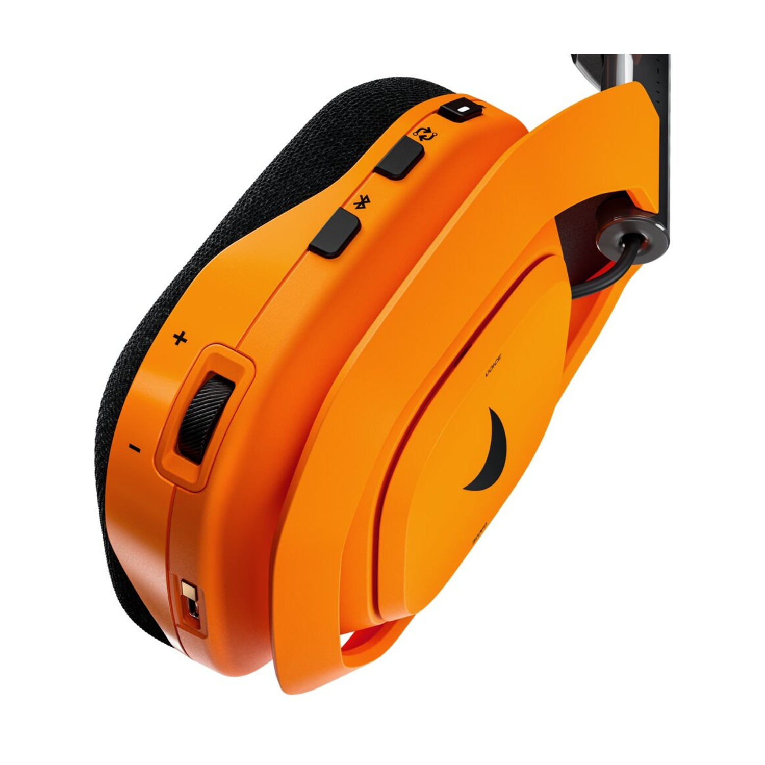 Cuffie arancioni con dettagli neri, rotella del volume e pulsanti.
