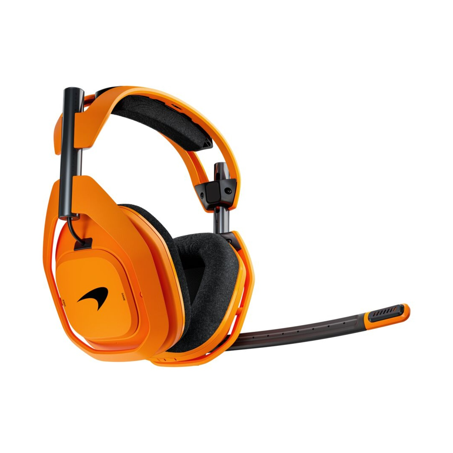 Cuffie arancioni con microfono nero e logo McLaren.