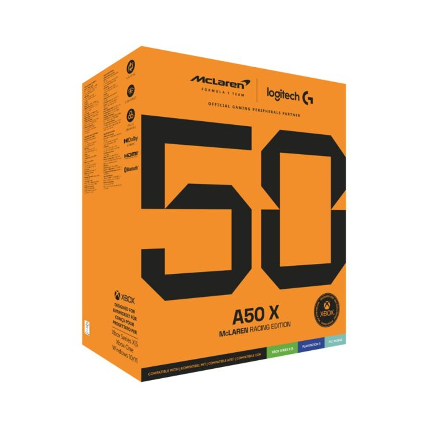 Scatola arancione con logo McLaren & Logitech G, 50, A50 X, Xbox