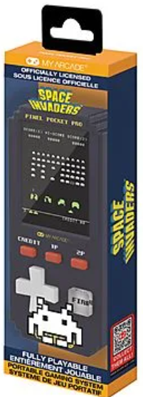 Verpackung eines Space Invaders Pixel Pocket Pro Handheld-Spiels.