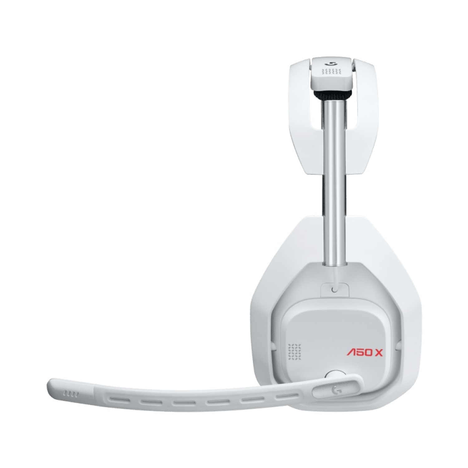 Un auricolare bianco con microfono, logo A50X e braccio argentato.