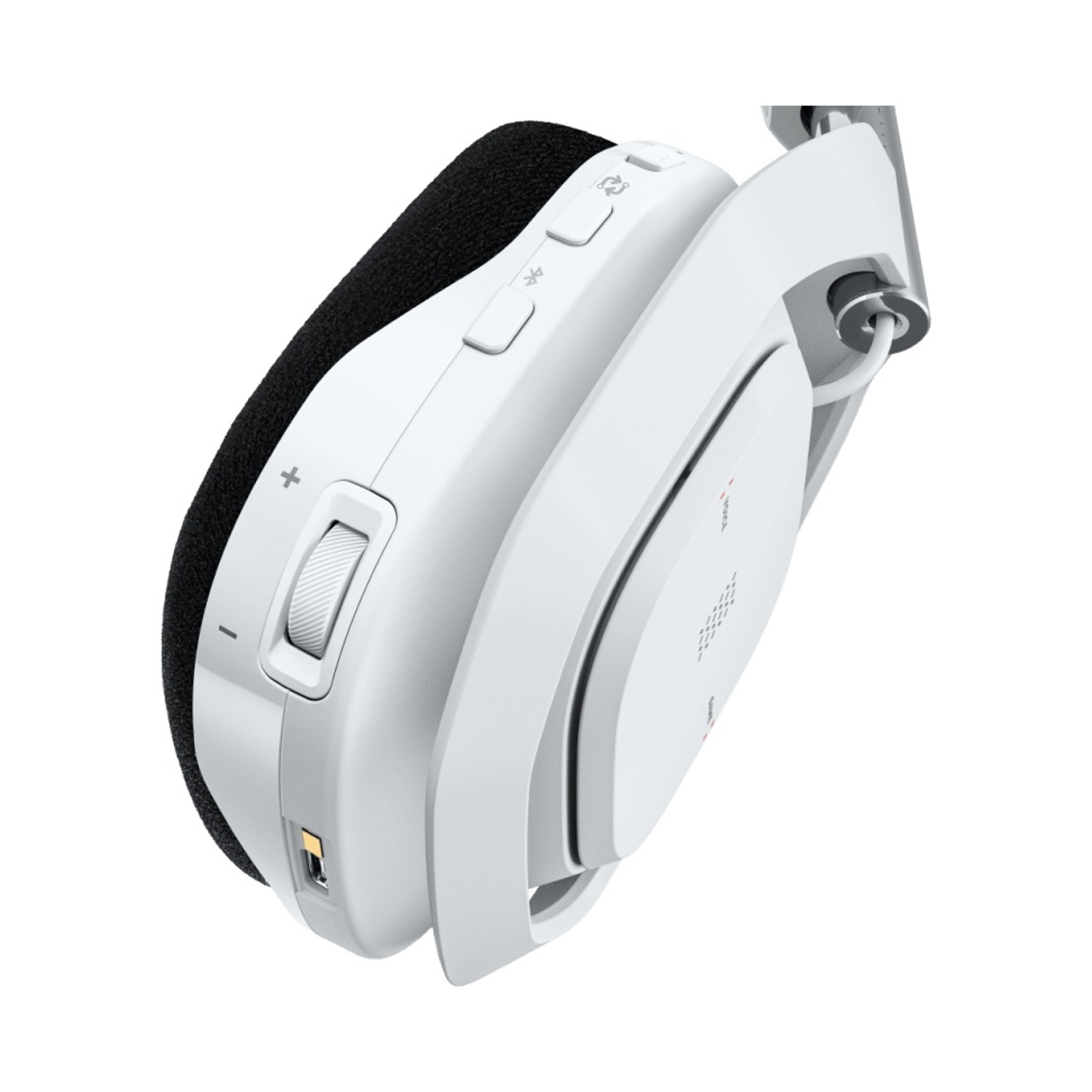 Cuffie bianche con cuscino nero, rotella del volume e porta USB-C.