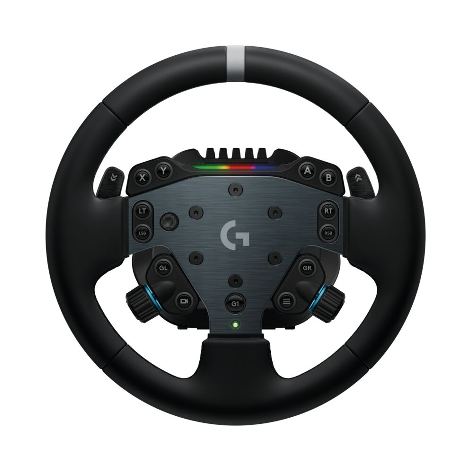 Un volante da corsa nero con logo G, pulsanti e striscia LED.