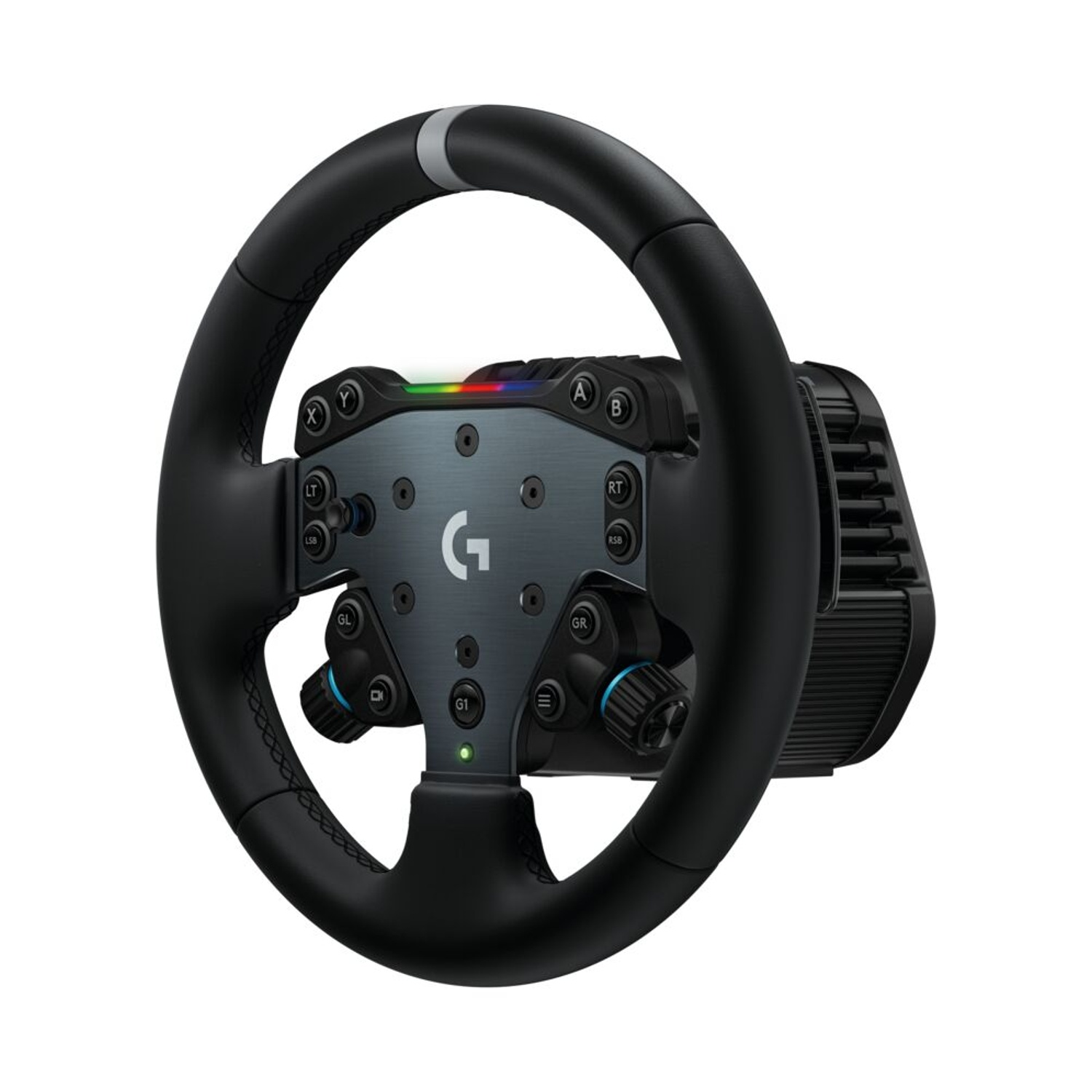 Un volante da corsa nero con controlli argentati e colorati su sfondo bianco.